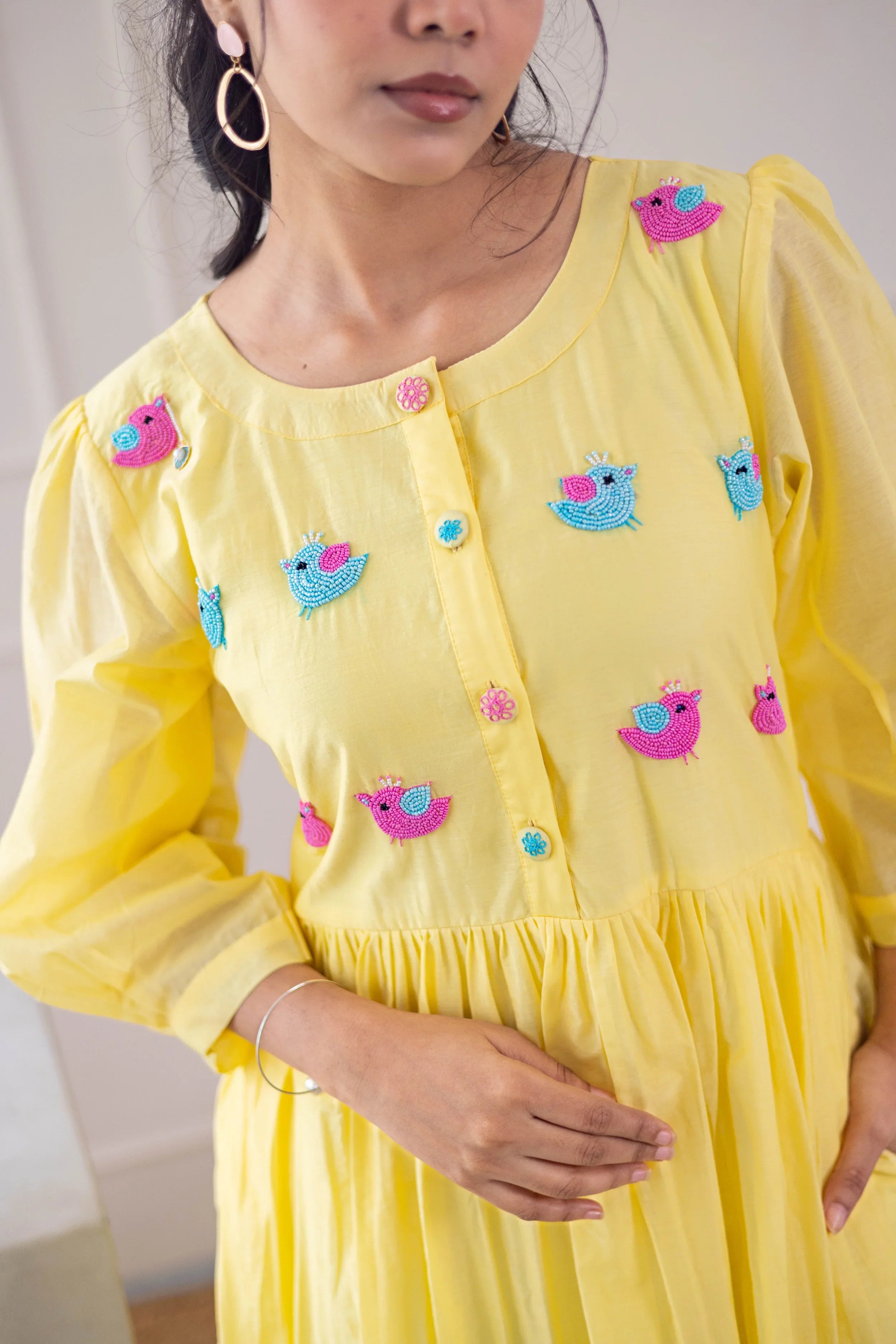 Yellow Mul Chanderi Dress (Bird Embroidery) - Hello June