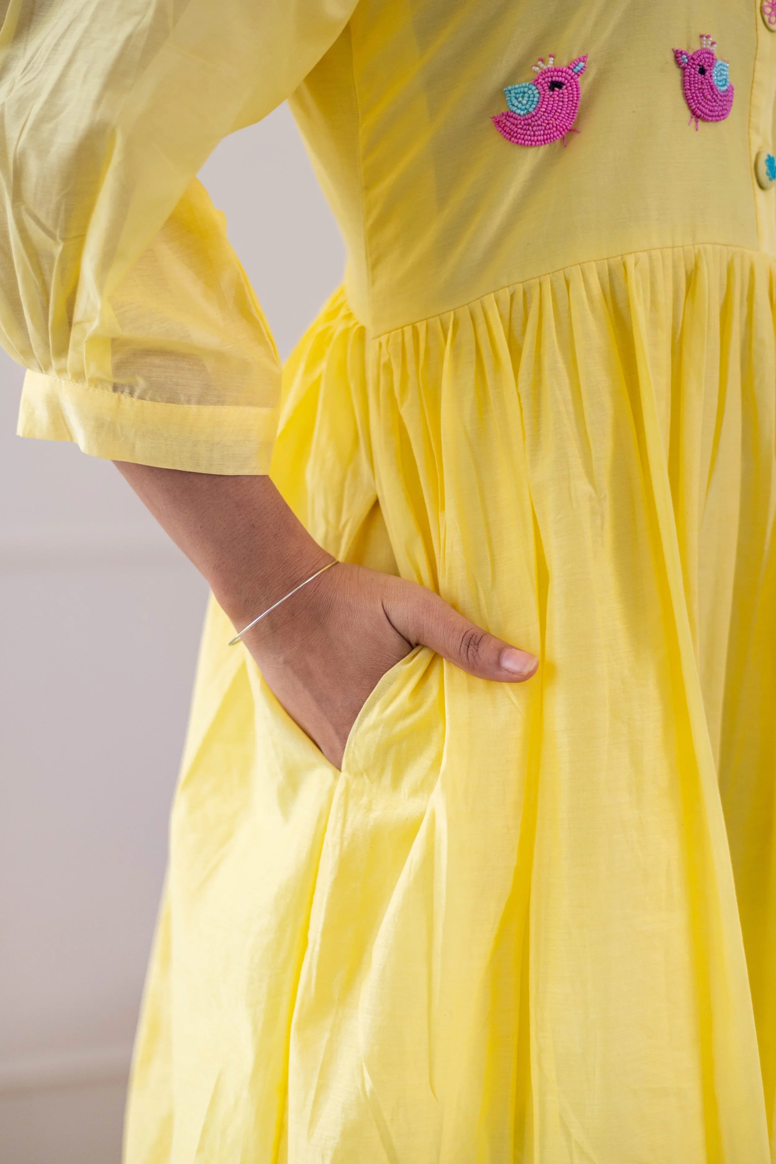 Yellow Mul Chanderi Dress (Bird Embroidery) - Hello June