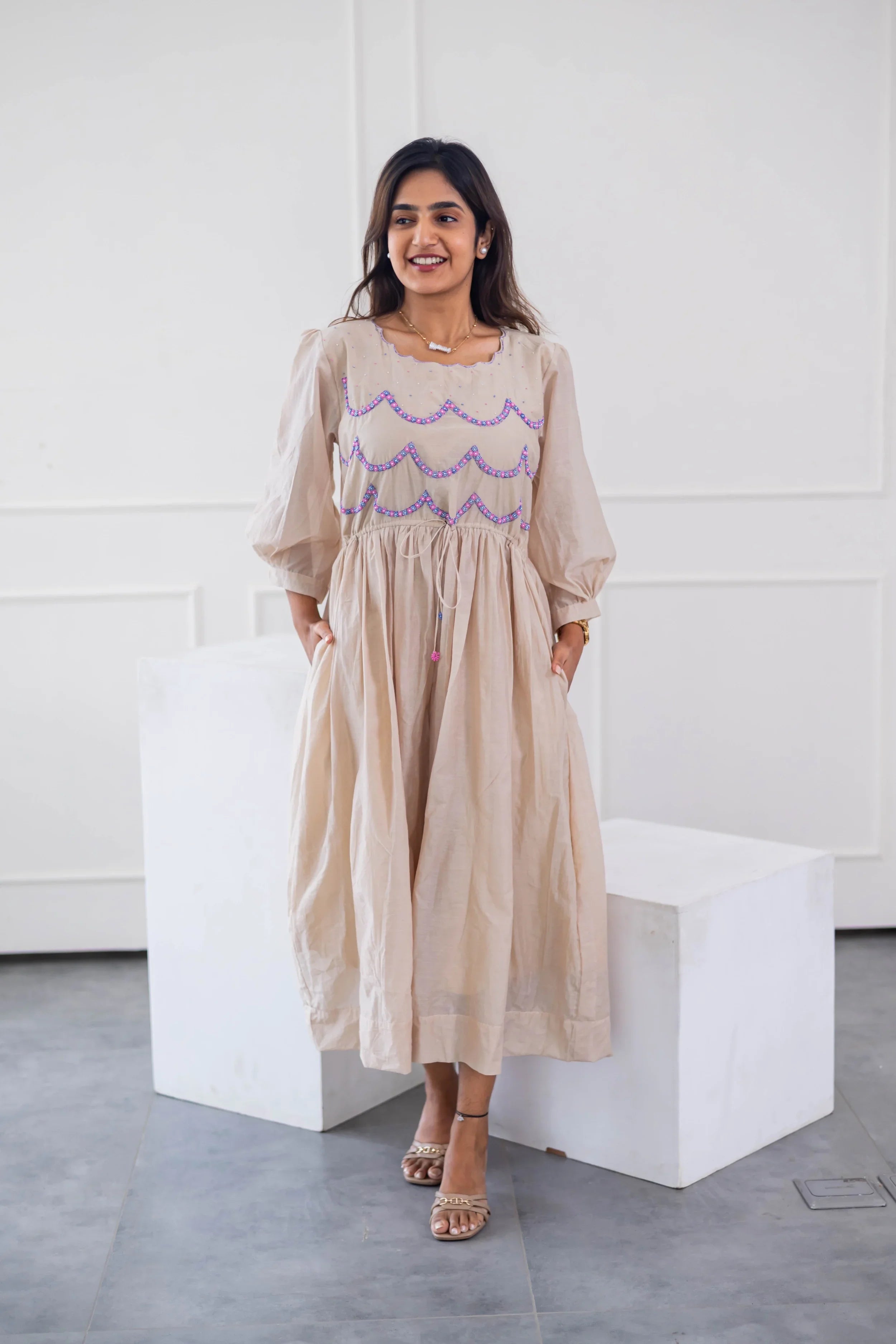 Beige Mul Chanderi Dress (Scallop Embroidery) - Hello June