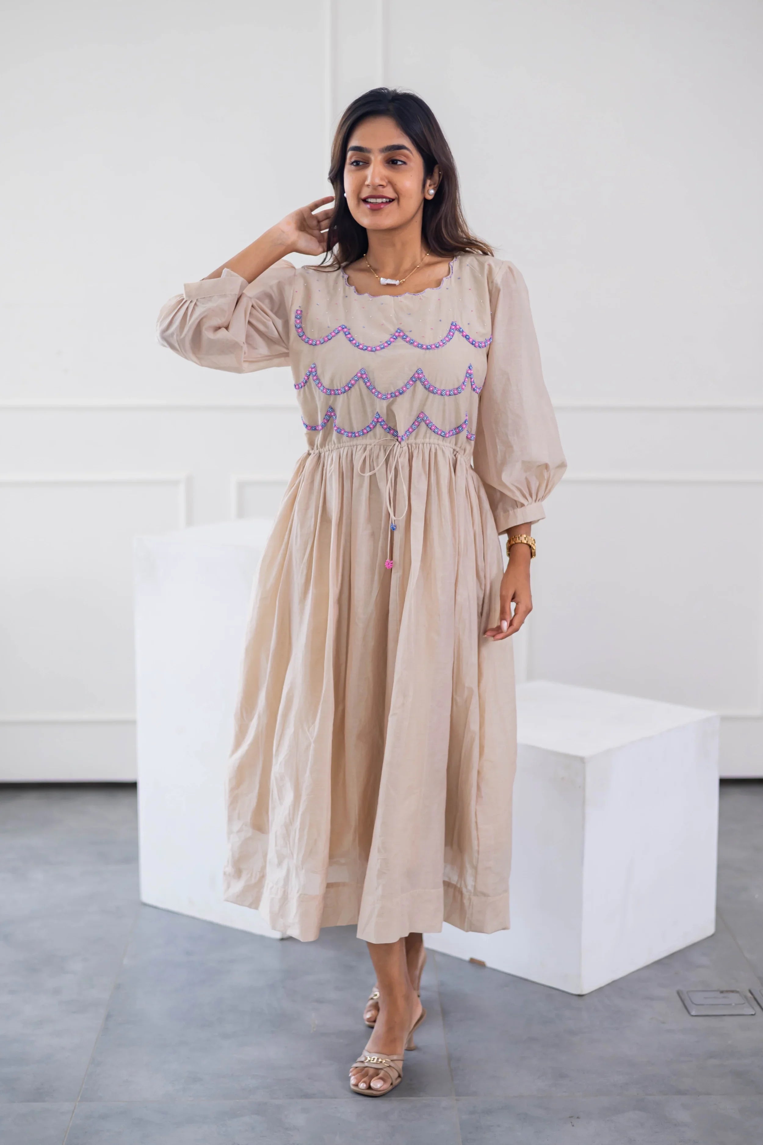 Beige Mul Chanderi Dress (Scallop Embroidery) - Hello June