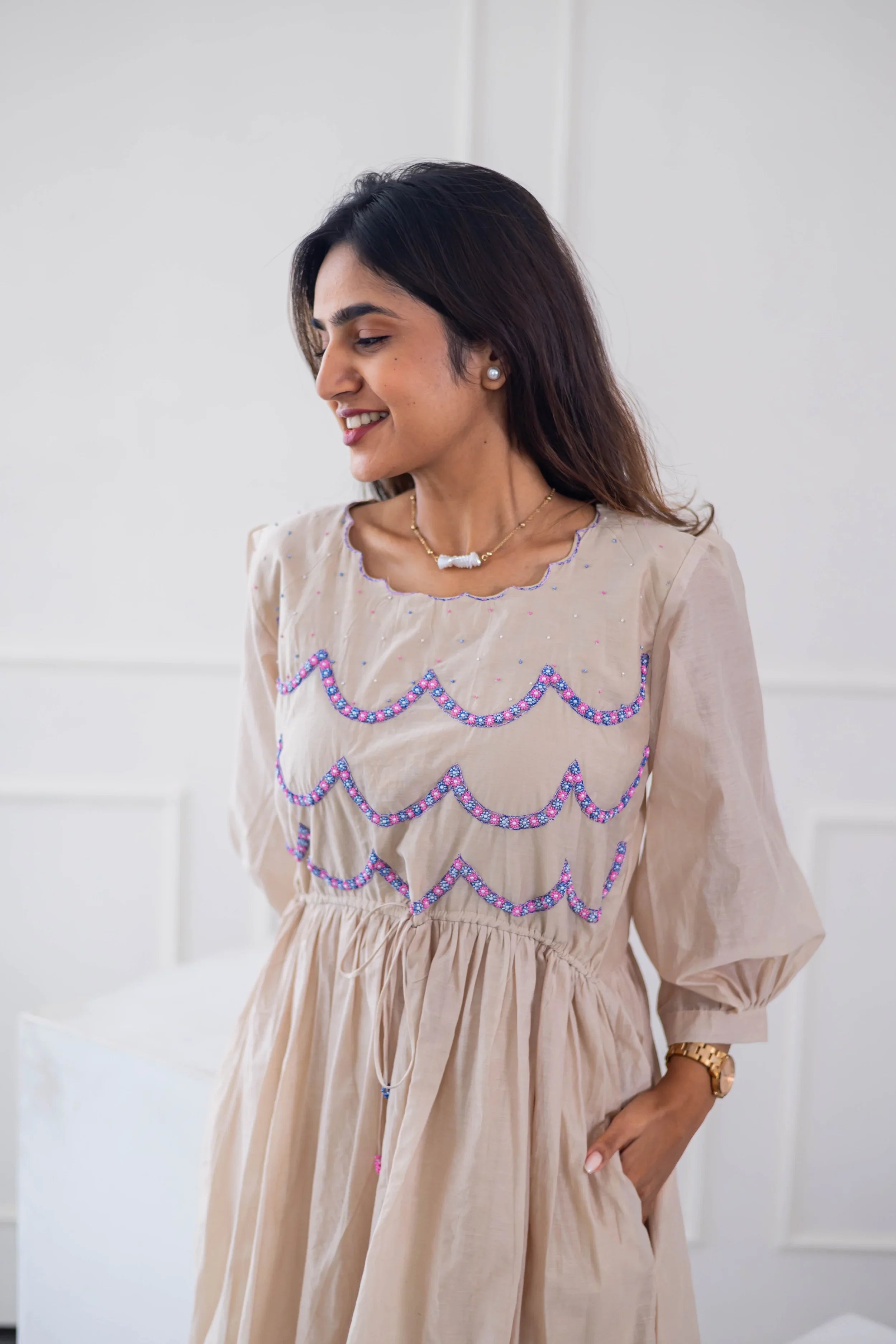 Beige Mul Chanderi Dress (Scallop Embroidery) - Hello June