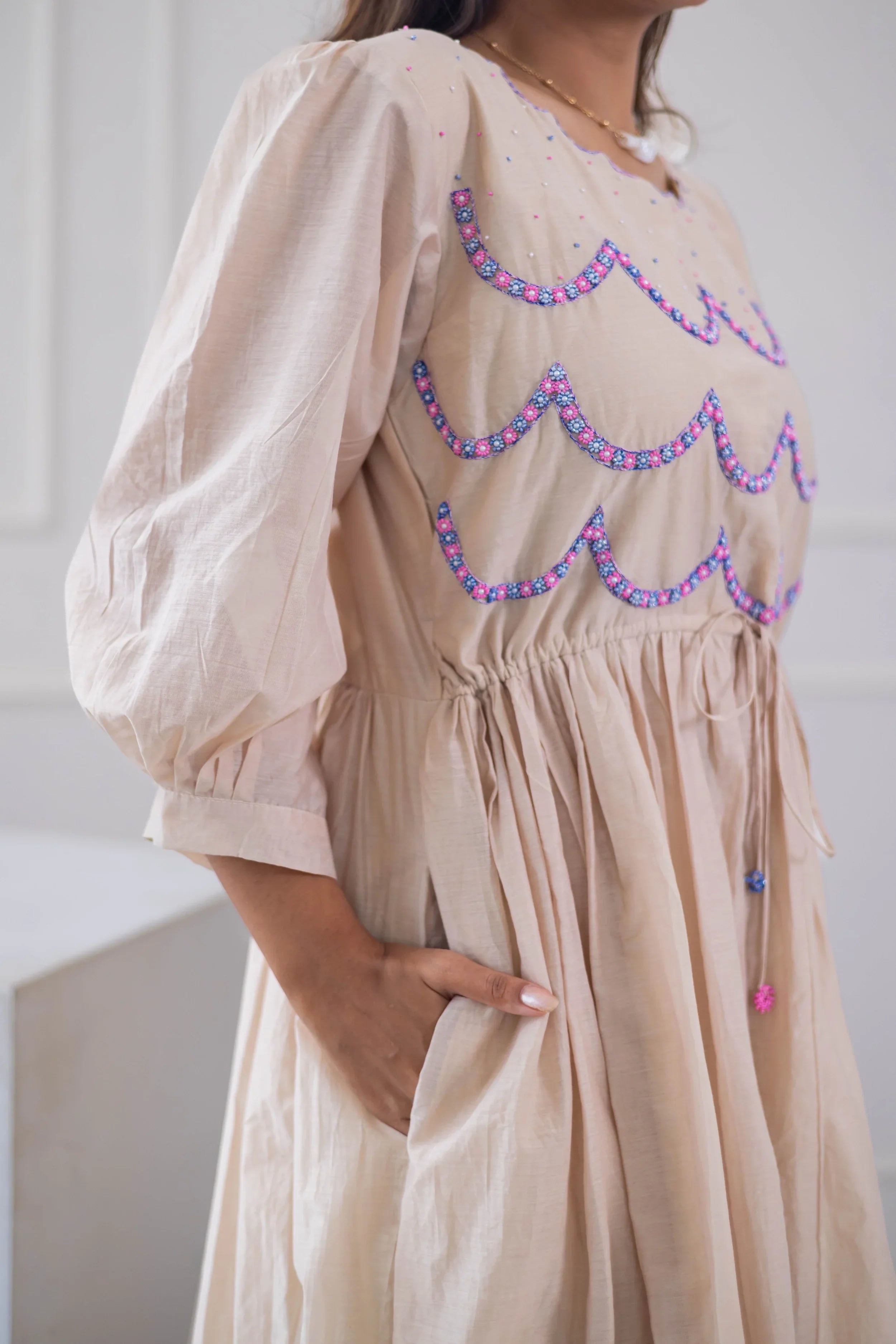 Beige Mul Chanderi Dress (Scallop Embroidery) - Hello June