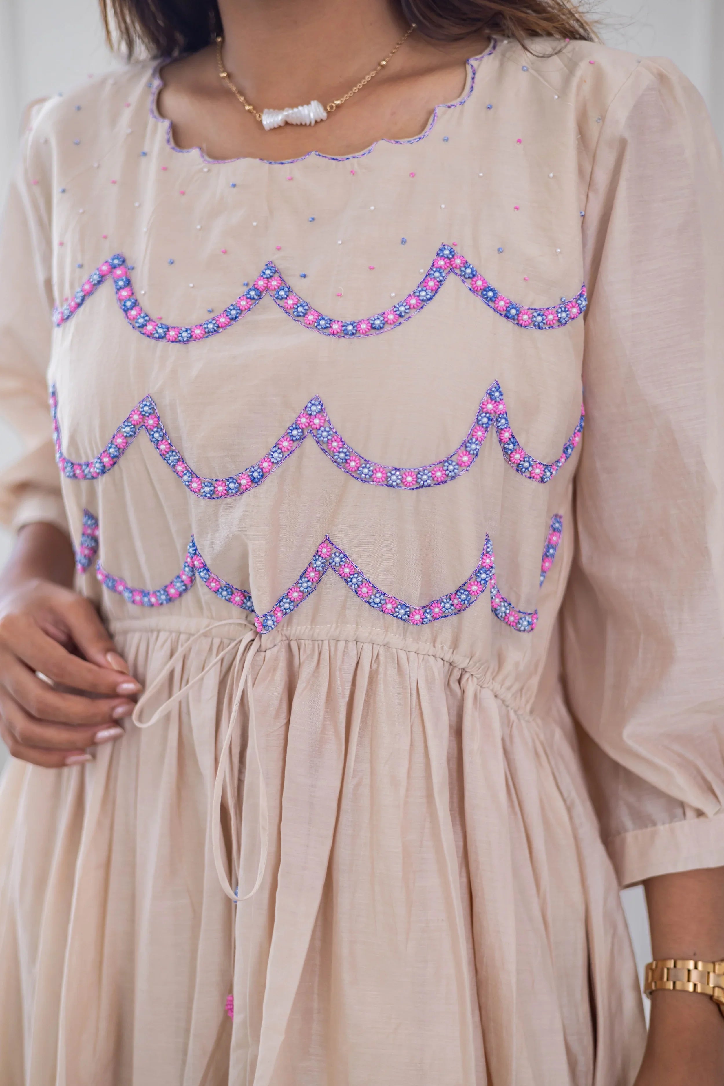 Beige Mul Chanderi Dress (Scallop Embroidery) - Hello June