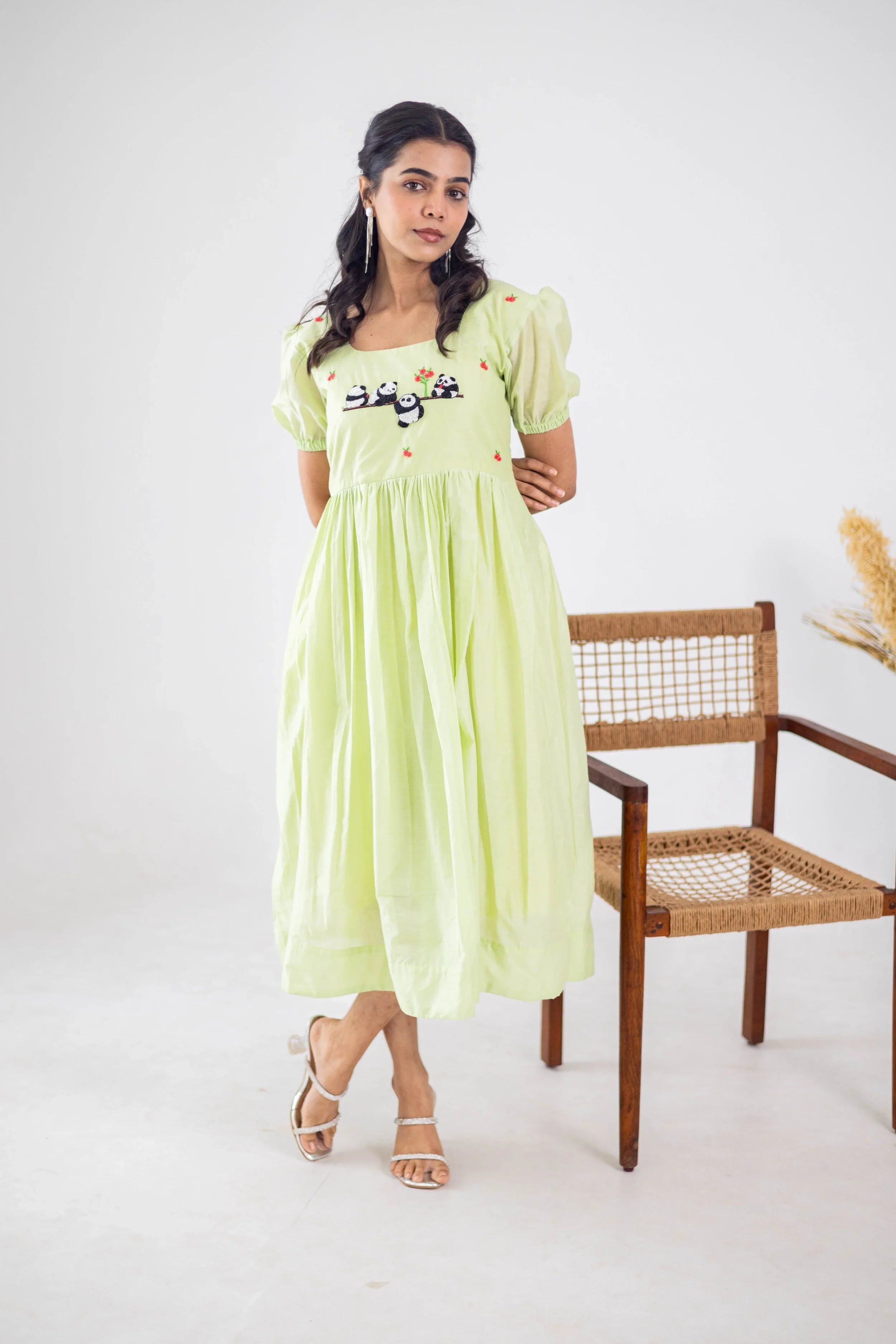 Pista Green Mul Chanderi Dress (Panda Embroidery) - Hello June