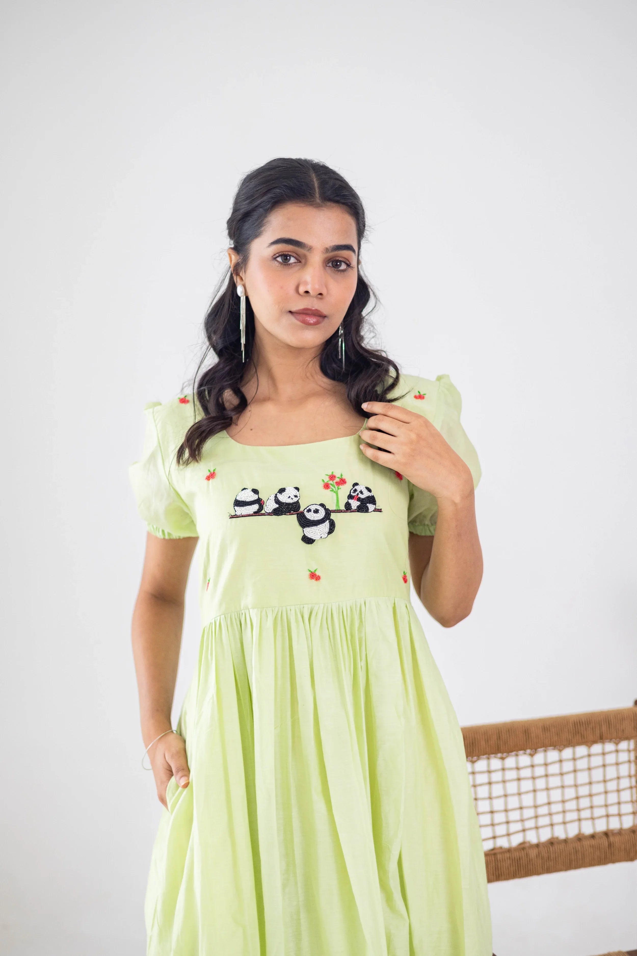 Pista Green Mul Chanderi Dress (Panda Embroidery) - Hello June