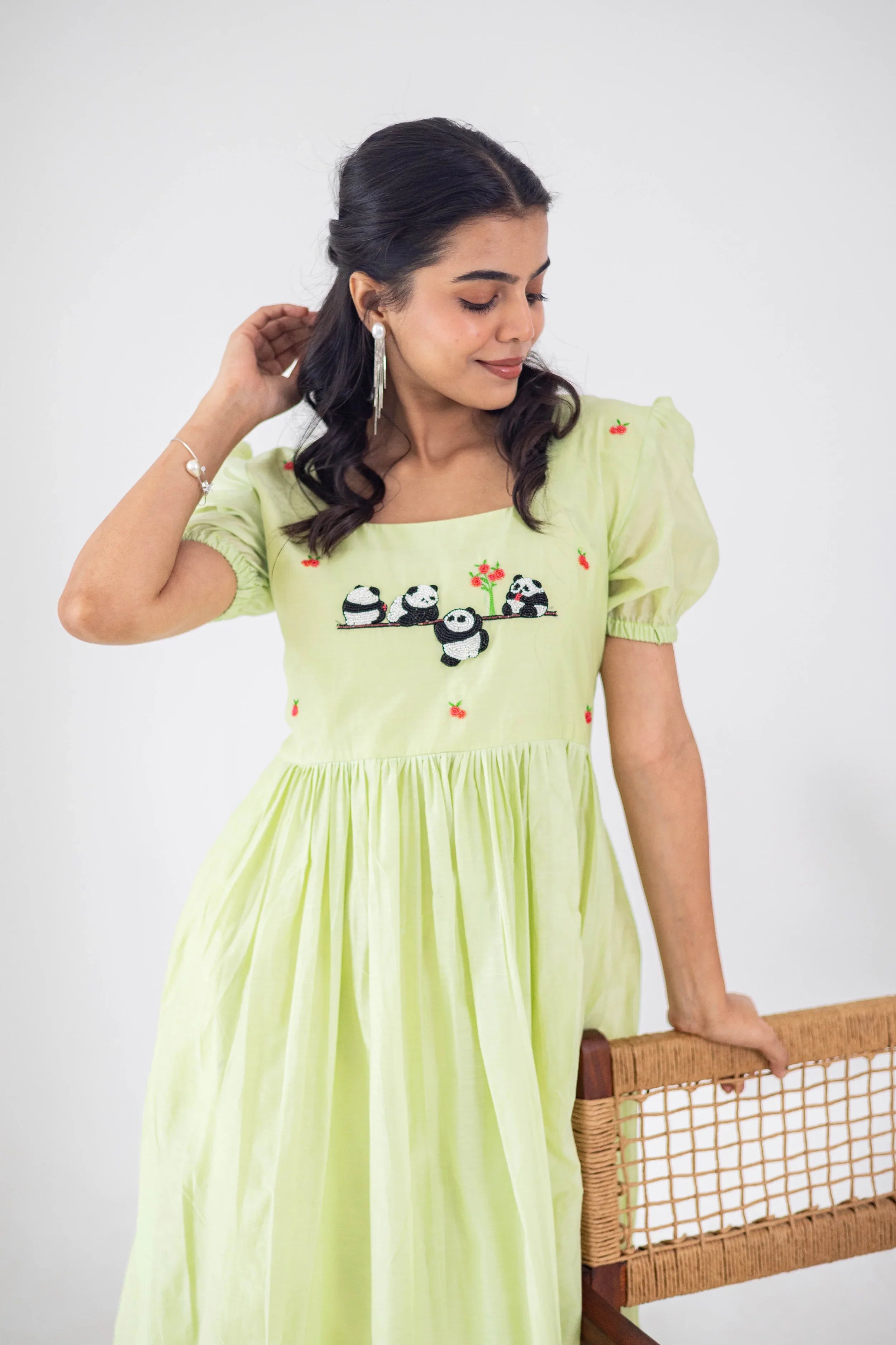Pista Green Mul Chanderi Dress (Panda Embroidery) - Hello June