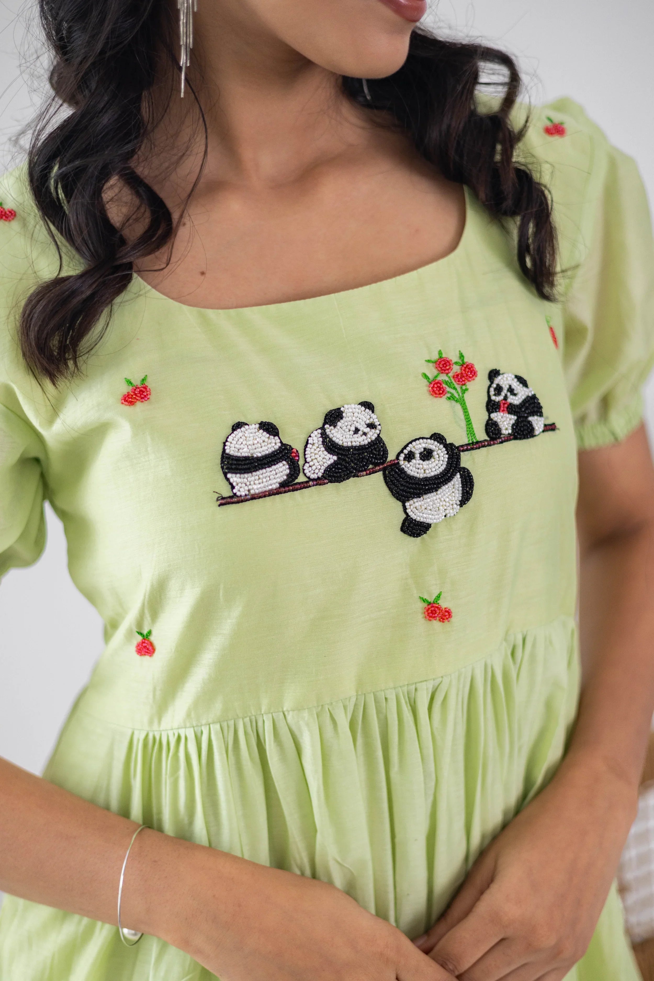 Pista Green Mul Chanderi Dress (Panda Embroidery) - Hello June