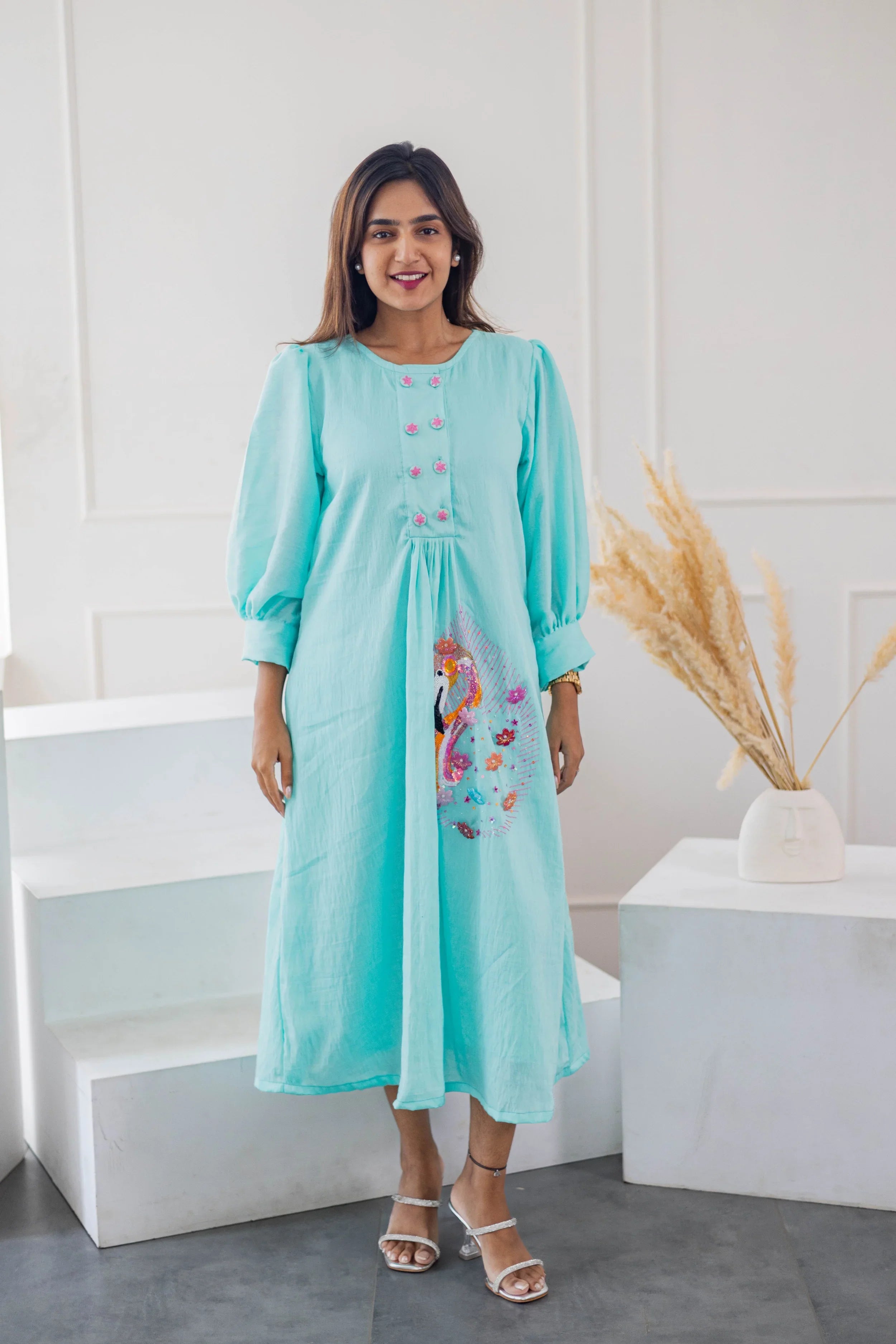 Blue Chanderi Silk Dress (Flamingo Embroidery) - Hello June