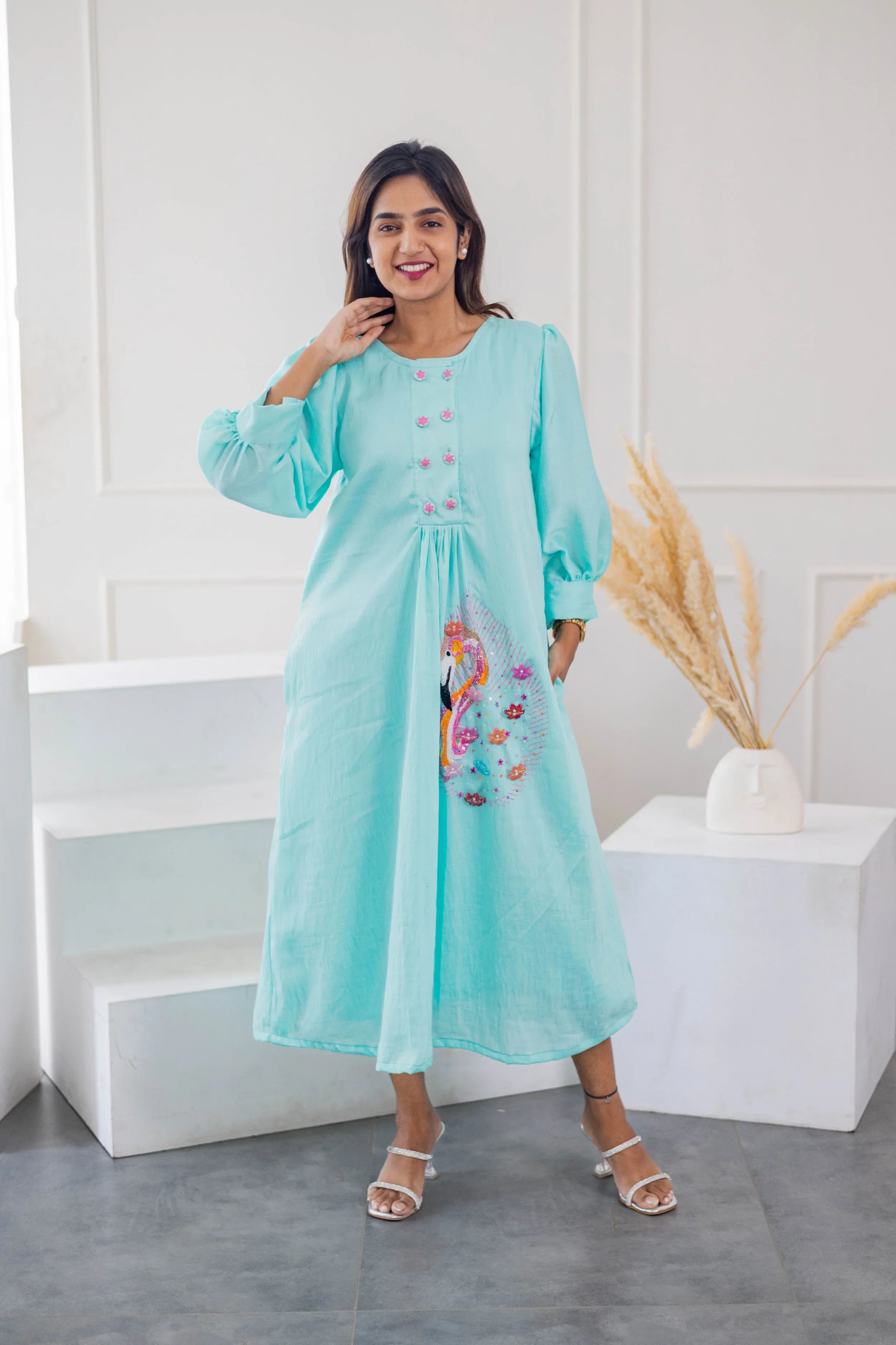 Blue Chanderi Silk Dress (Flamingo Embroidery) - Hello June