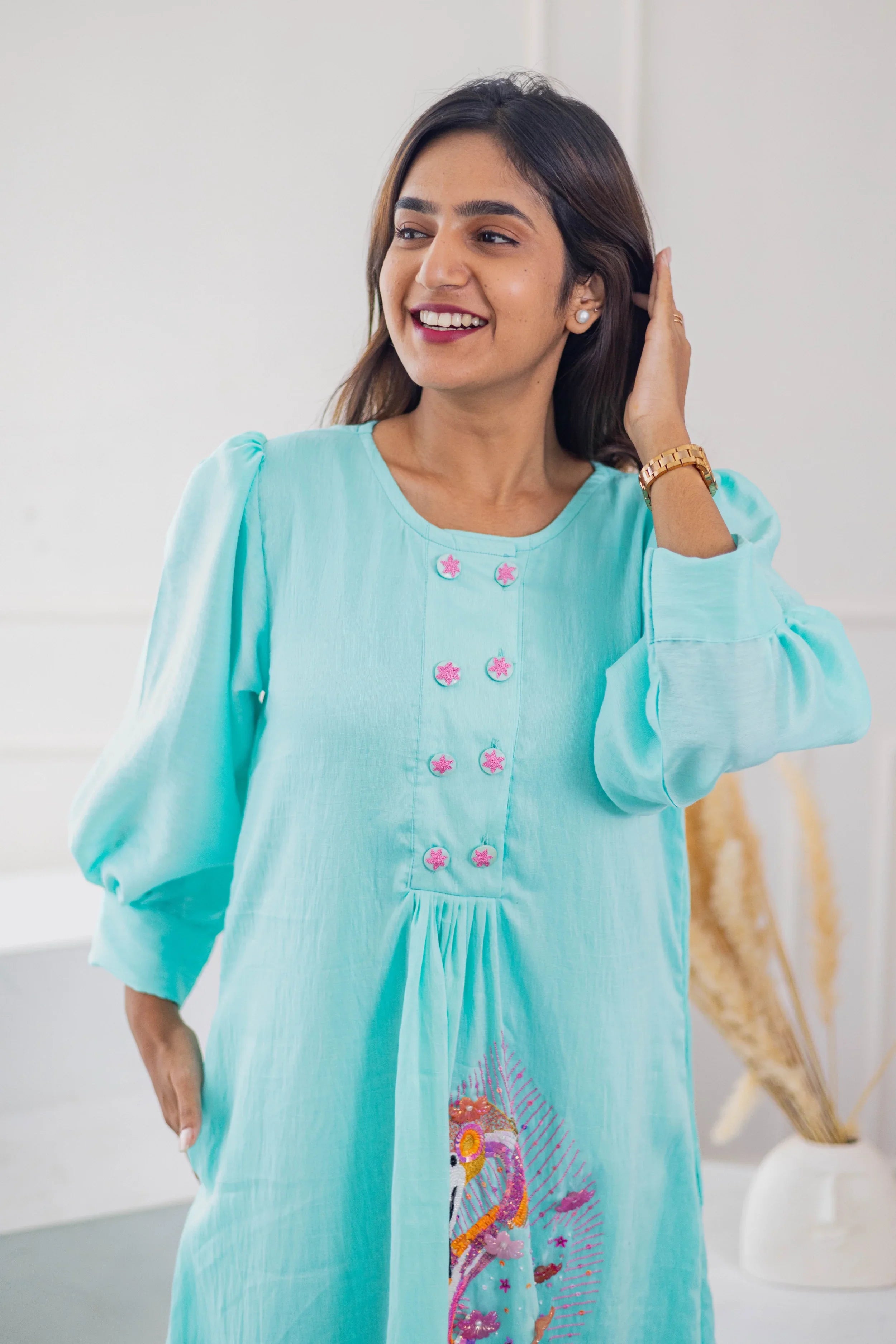 Blue Chanderi Silk Dress (Flamingo Embroidery) - Hello June