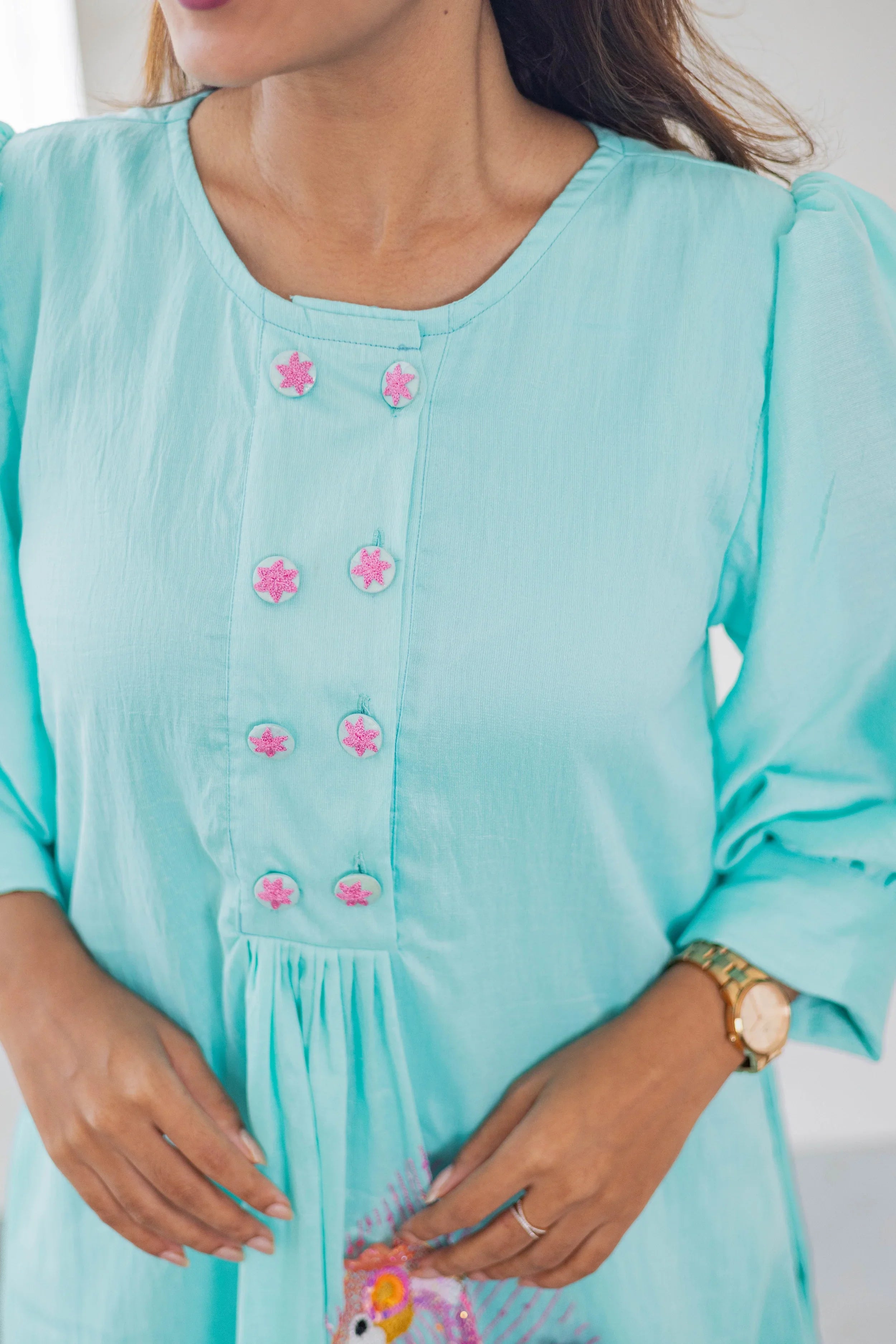 Blue Chanderi Silk Dress (Flamingo Embroidery) - Hello June