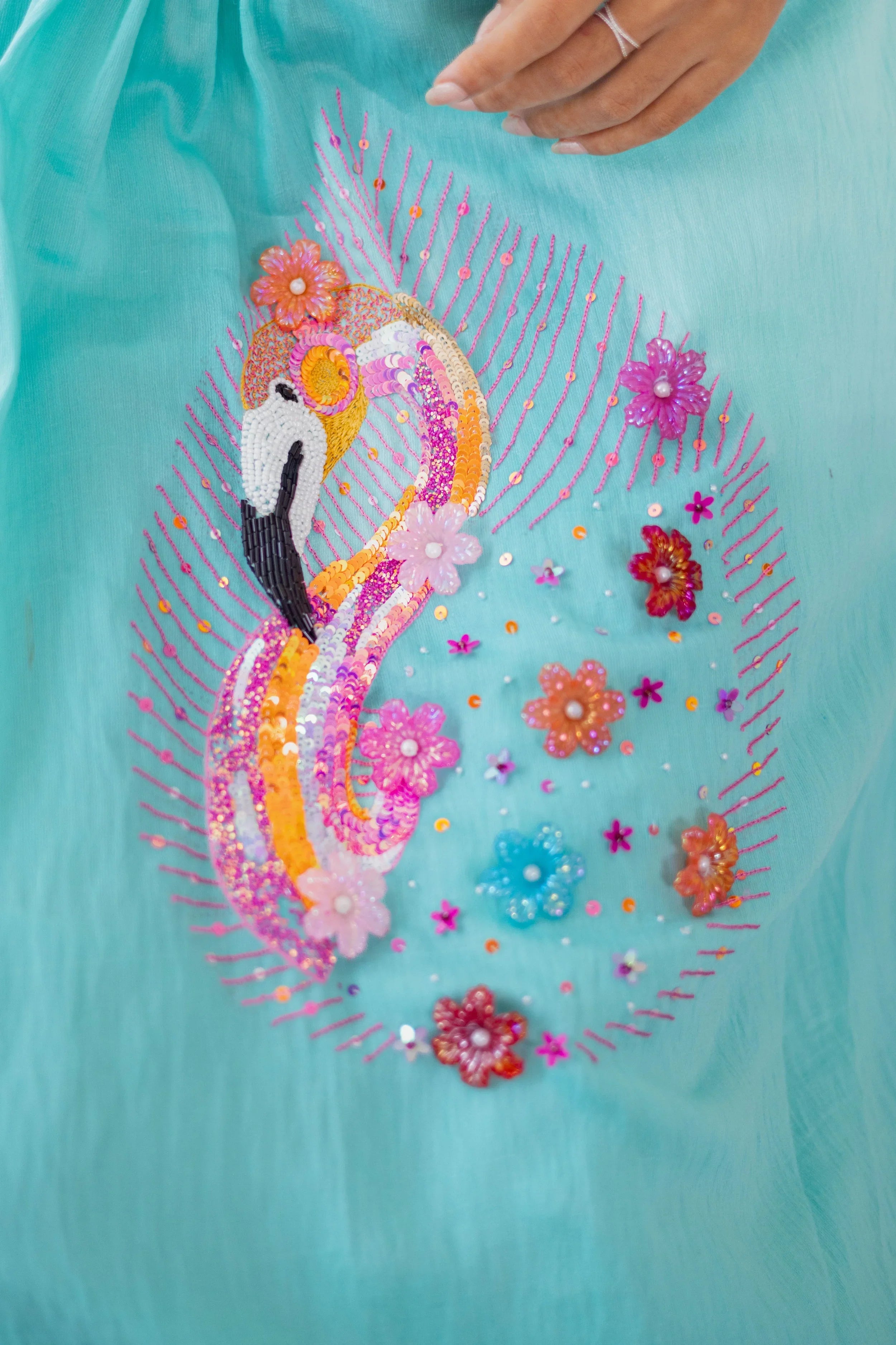 Blue Chanderi Silk Dress (Flamingo Embroidery) - Hello June