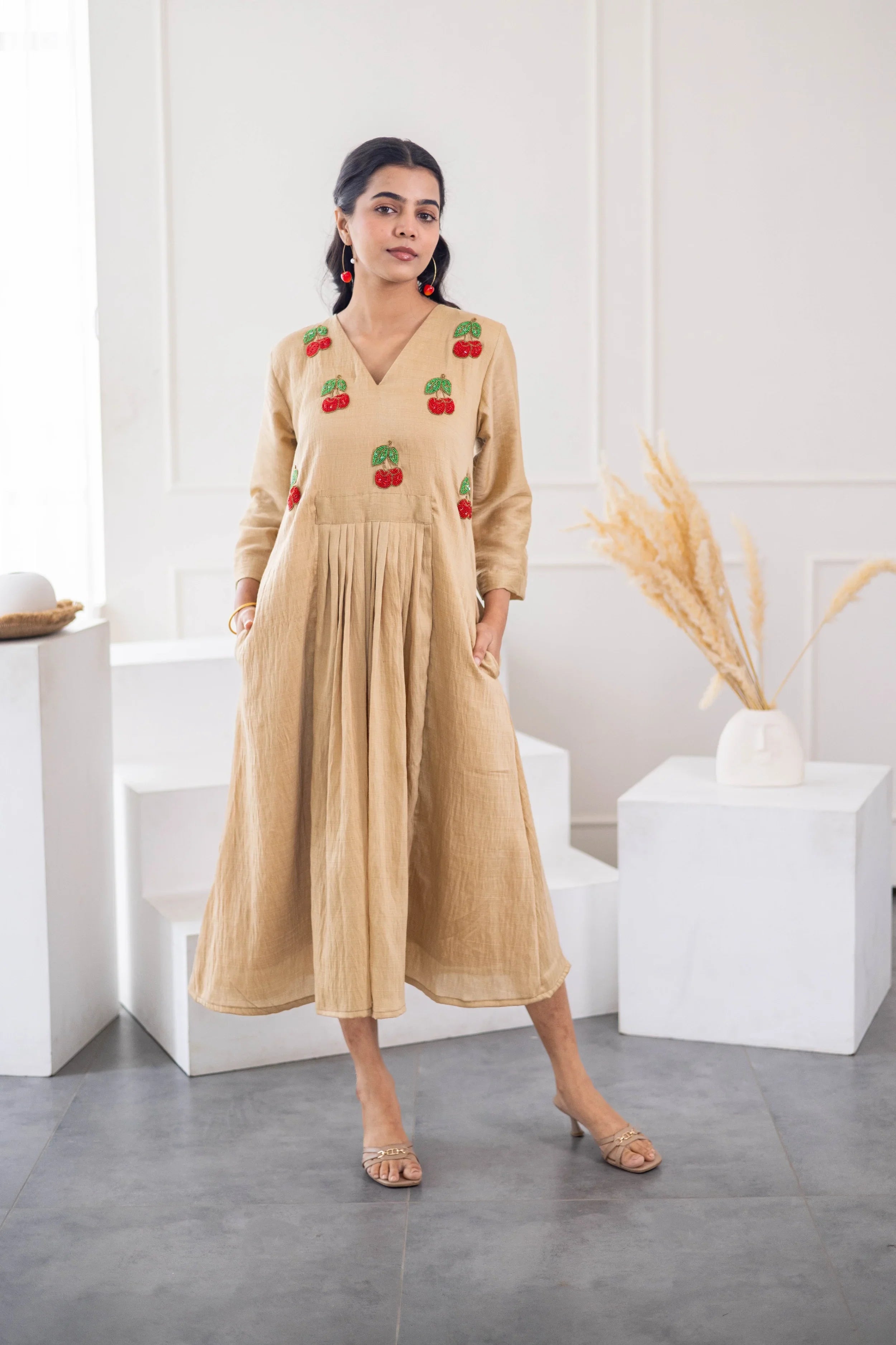 Beige Chanderi Silk Dress (Cherry Embroidery) - Hello June
