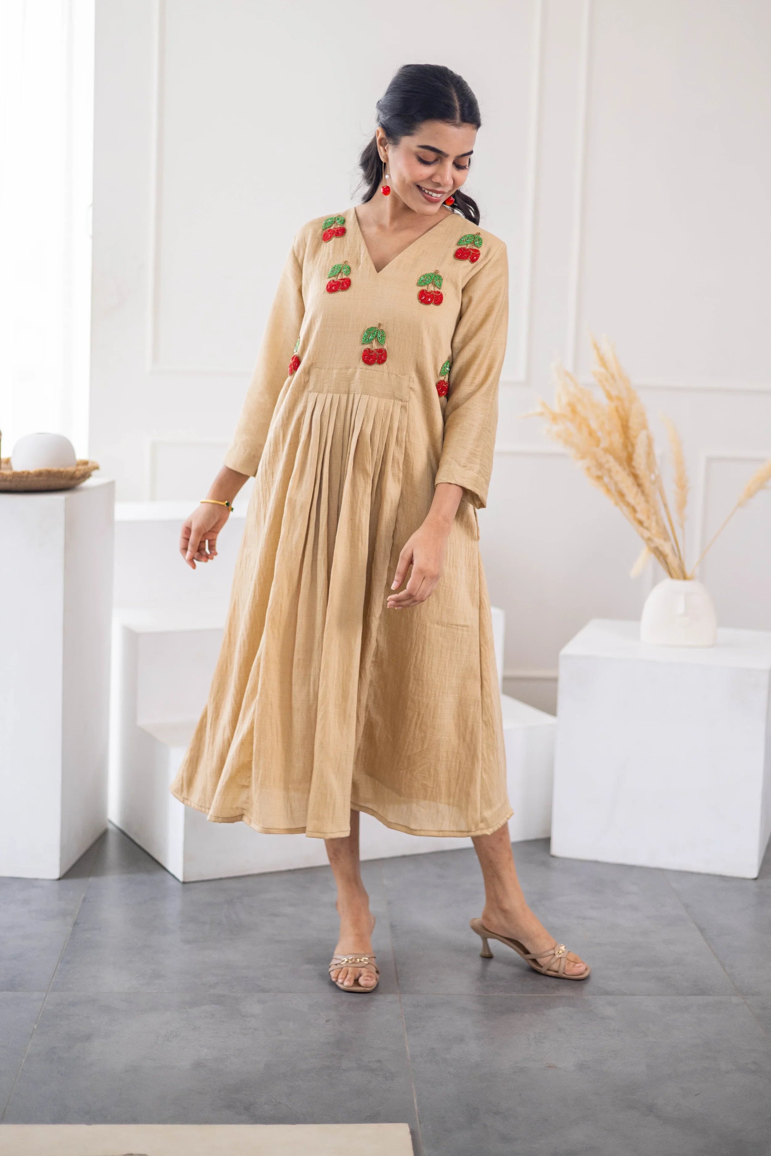 Beige Chanderi Silk Dress (Cherry Embroidery) - Hello June