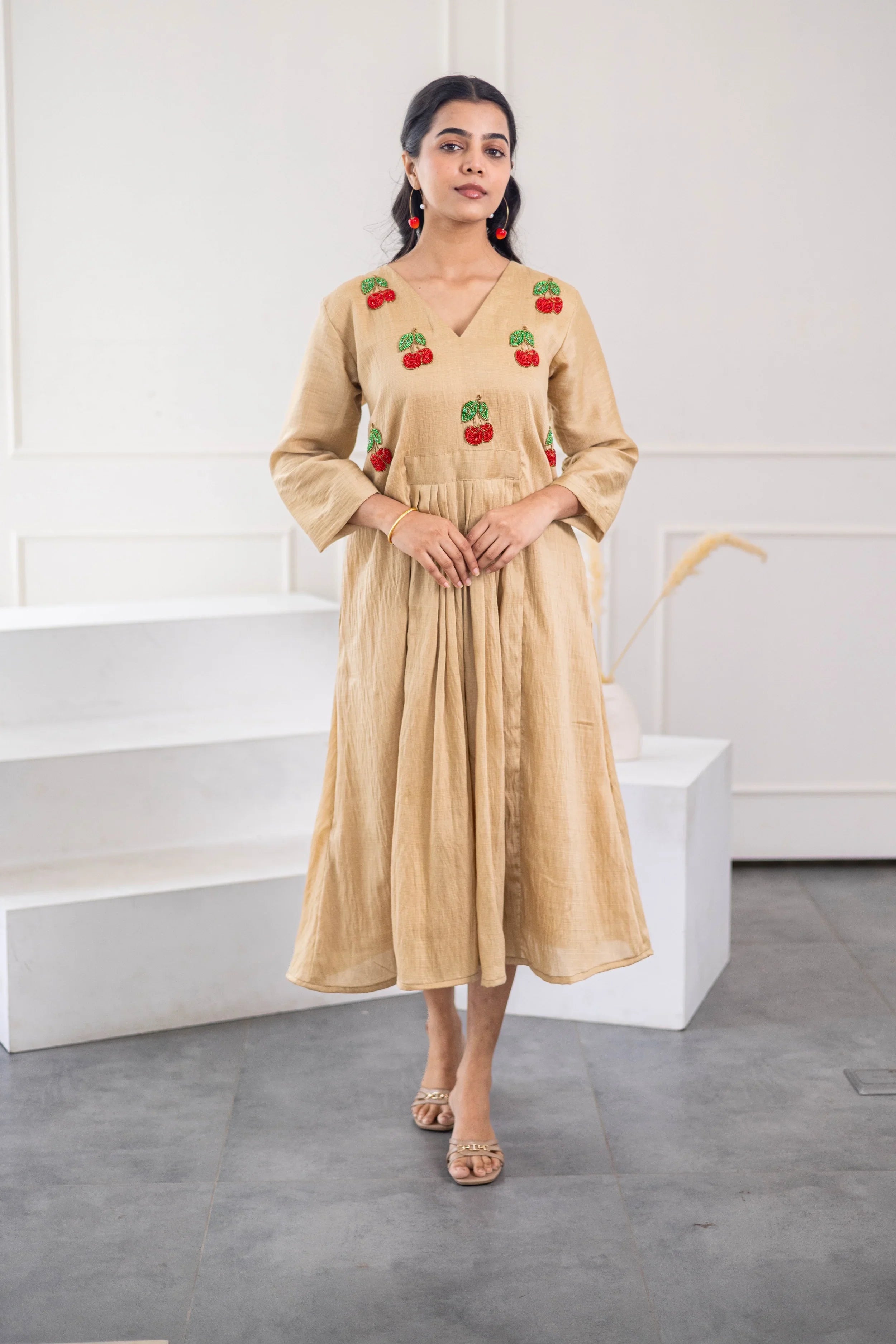 Beige Chanderi Silk Dress (Cherry Embroidery) - Hello June