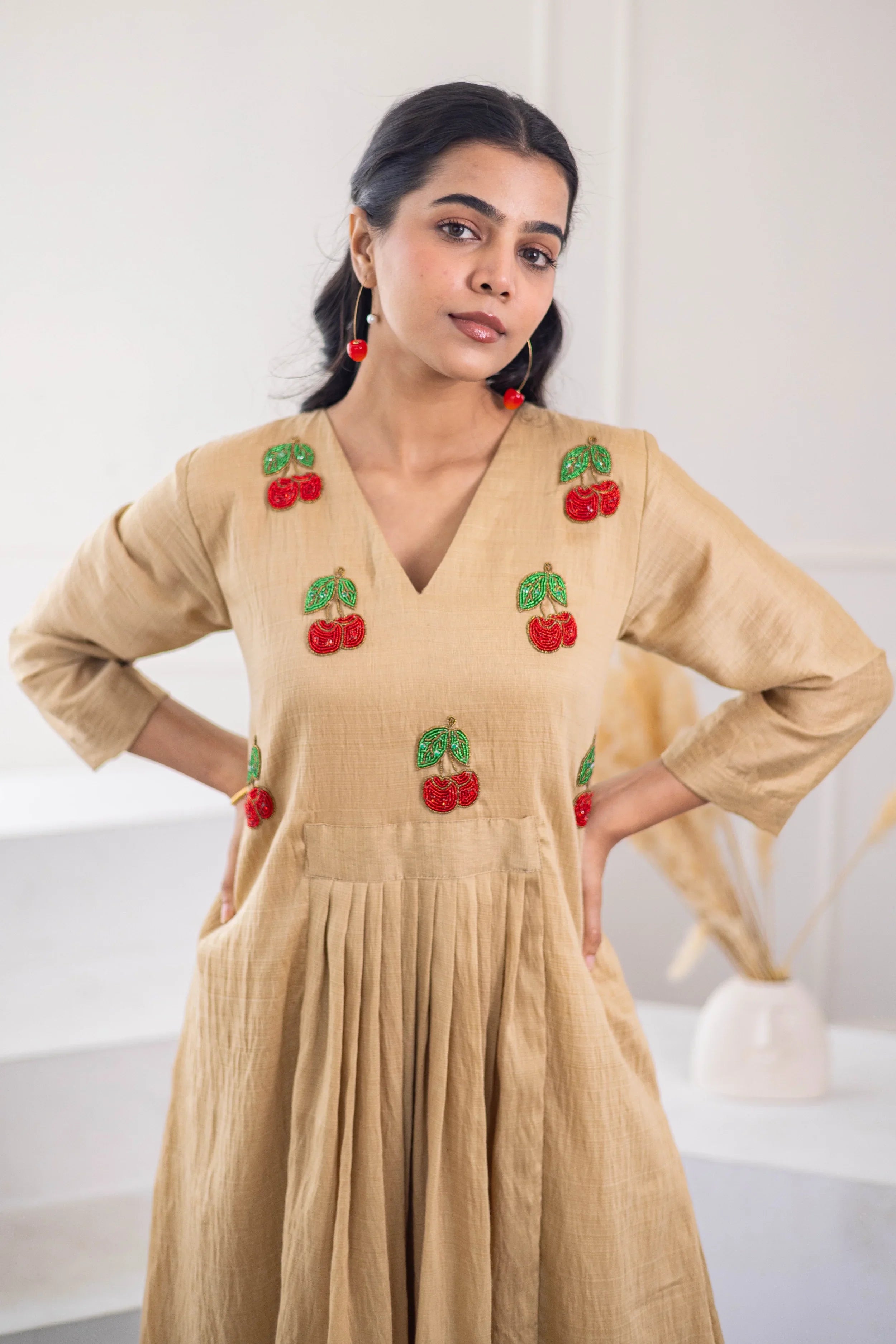 Beige Chanderi Silk Dress (Cherry Embroidery) - Hello June