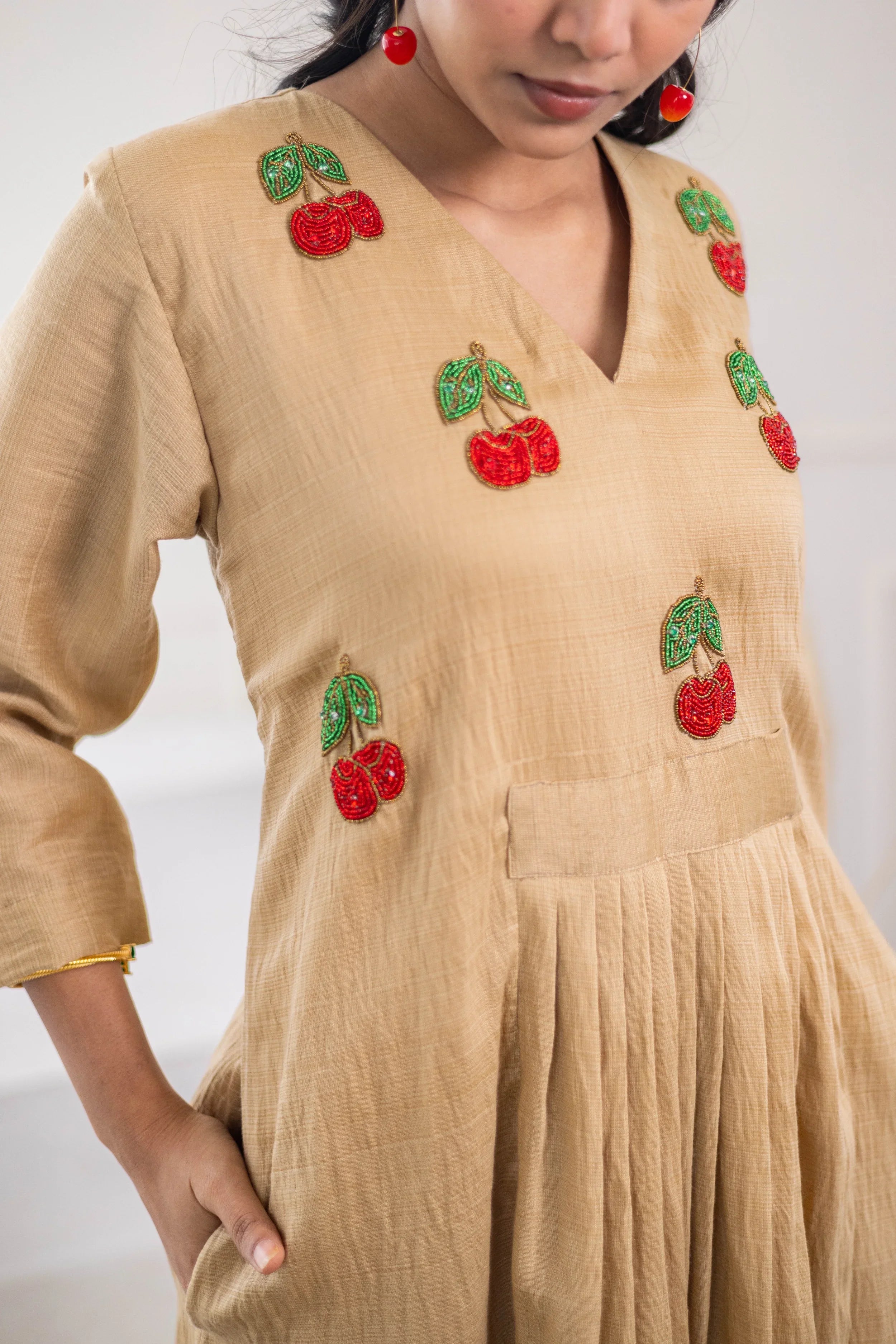 Beige Chanderi Silk Dress (Cherry Embroidery) - Hello June