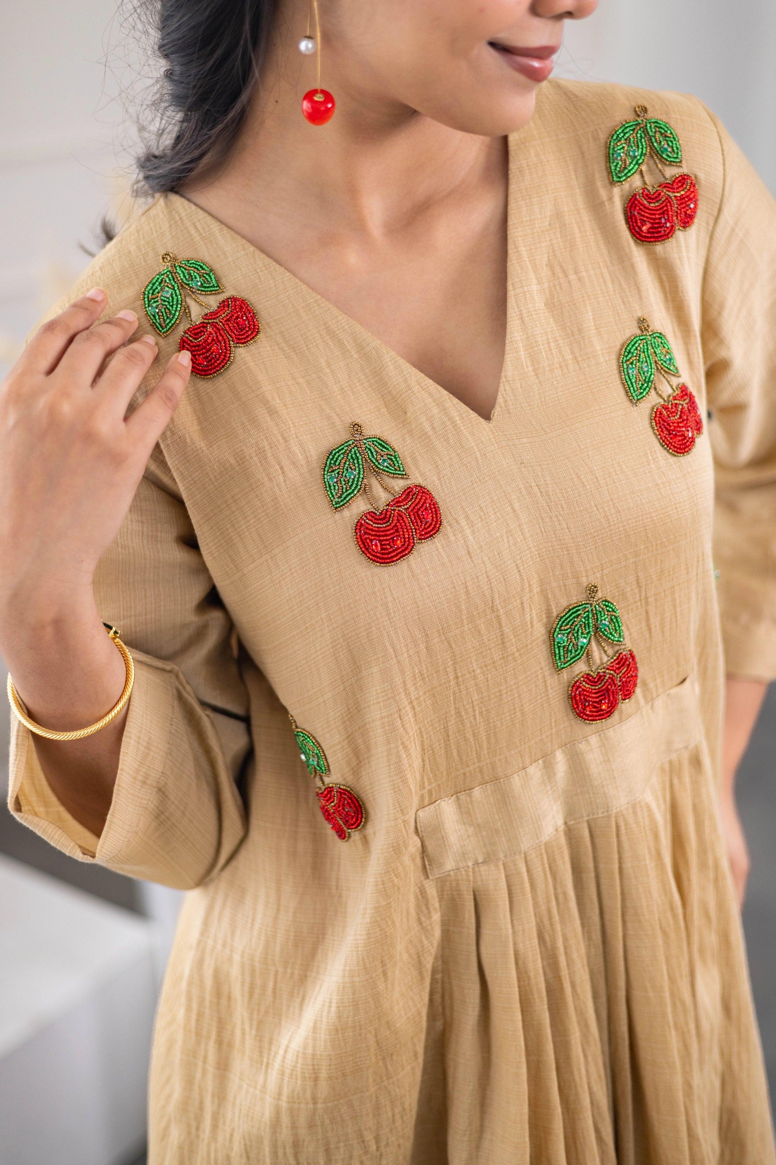 Beige Chanderi Silk Dress (Cherry Embroidery) - Hello June