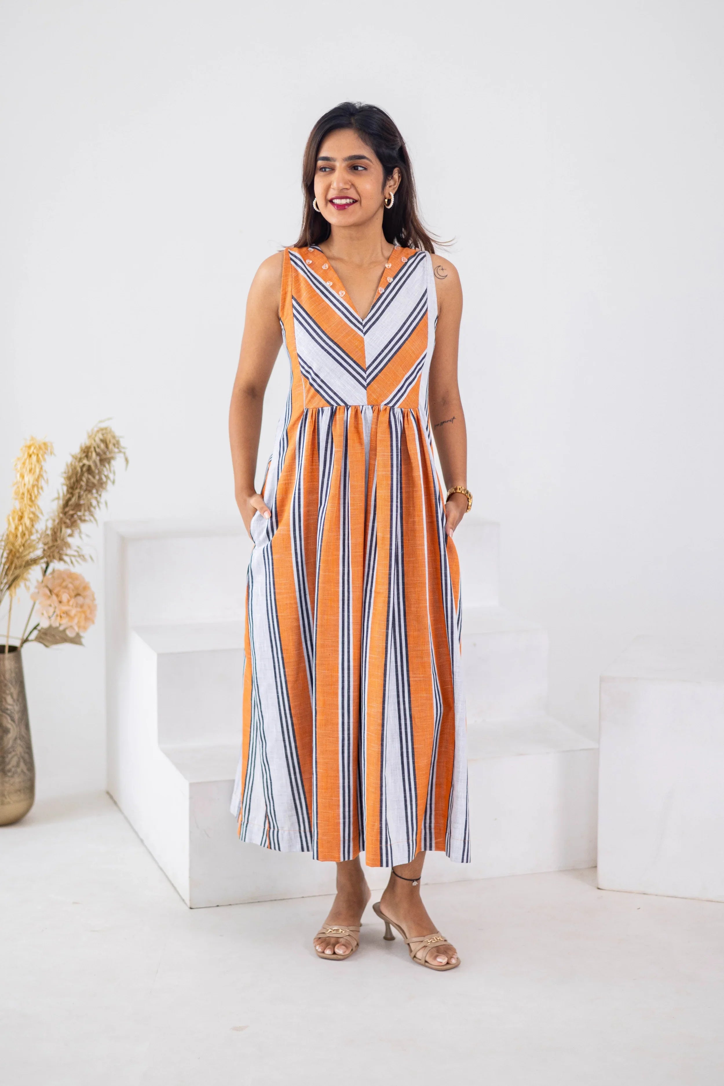 Orange Striped Cotton Linen Dress - Hello June