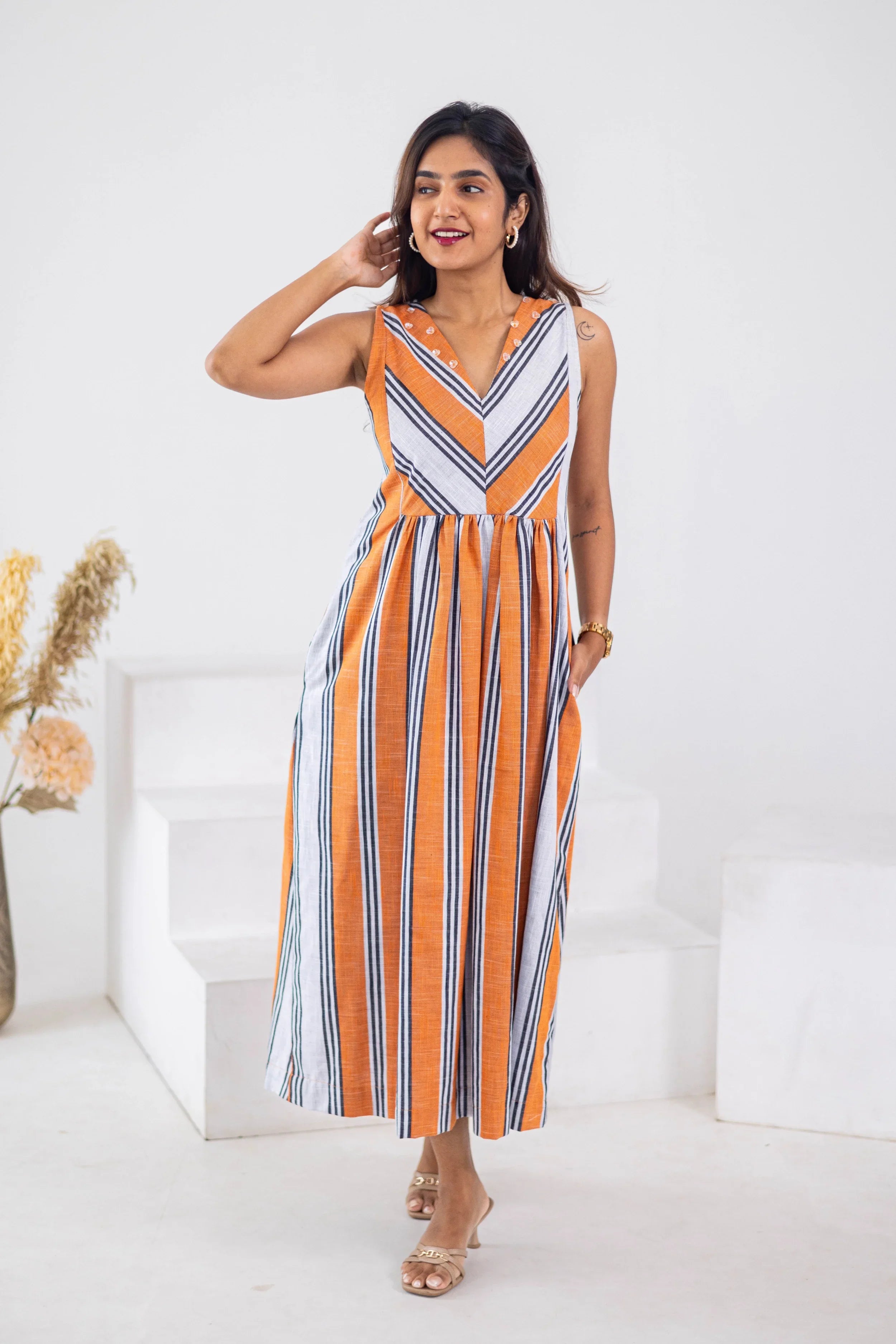 Orange Striped Cotton Linen Dress - Hello June