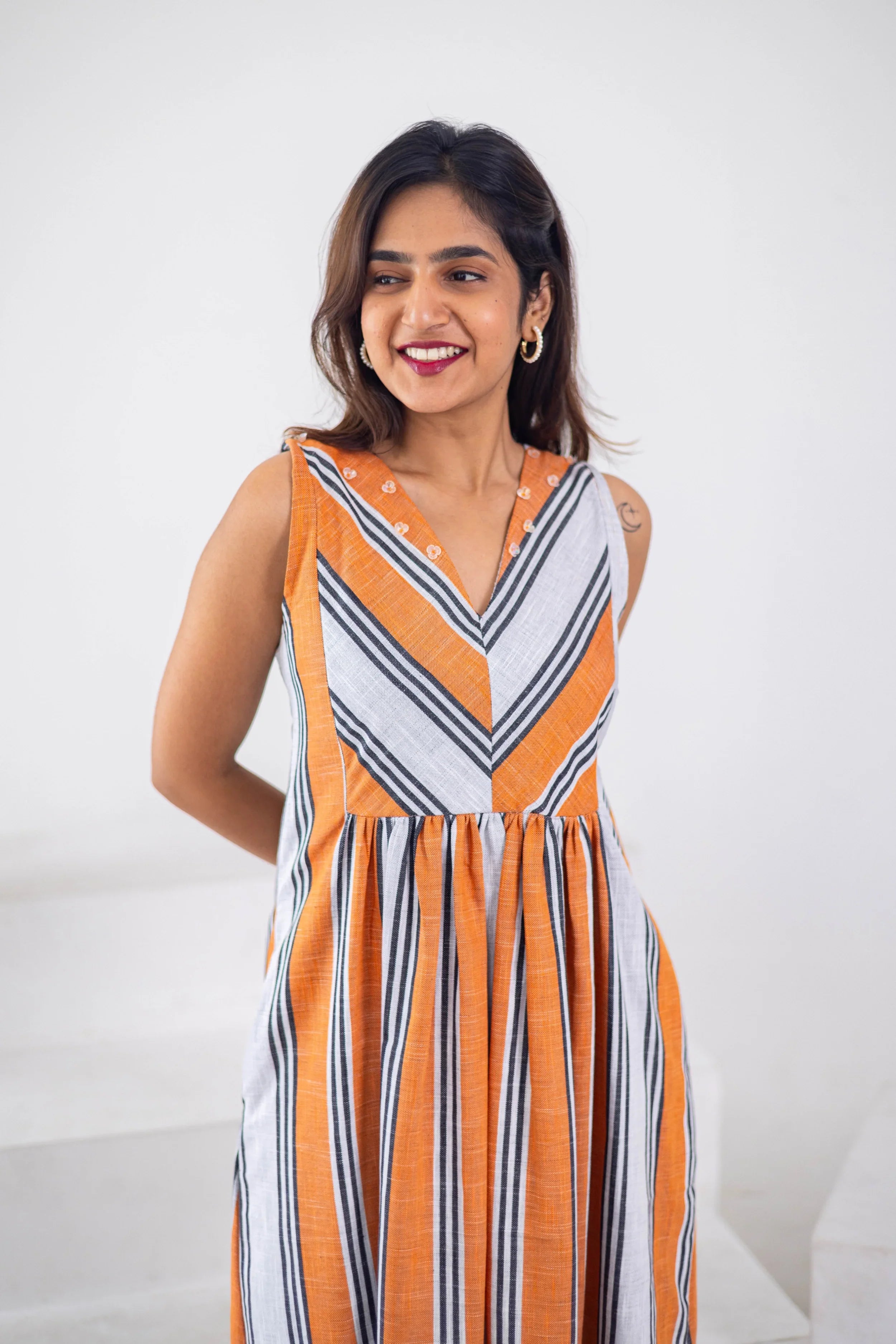 Orange Striped Cotton Linen Dress - Hello June