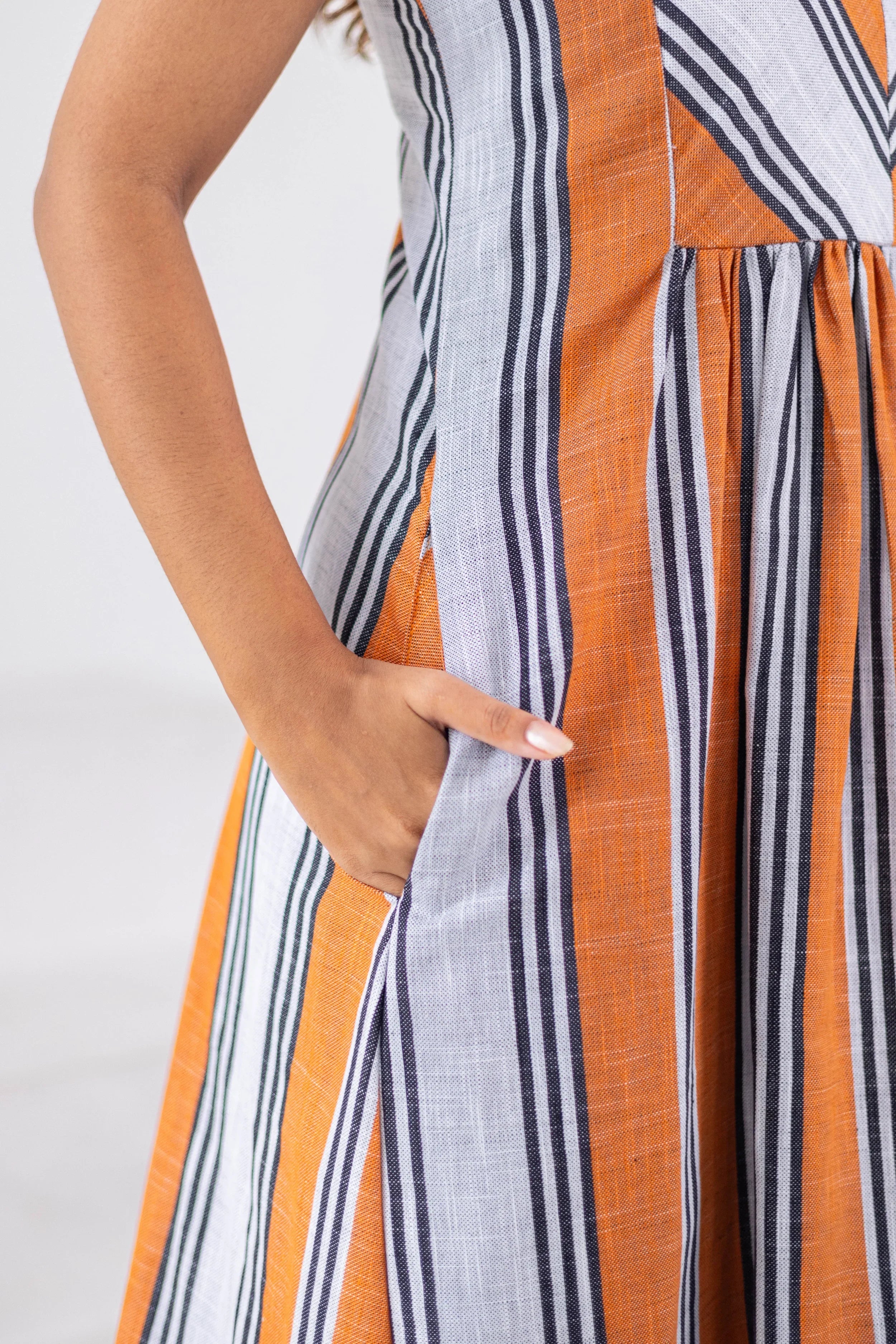 Orange Striped Cotton Linen Dress - Hello June