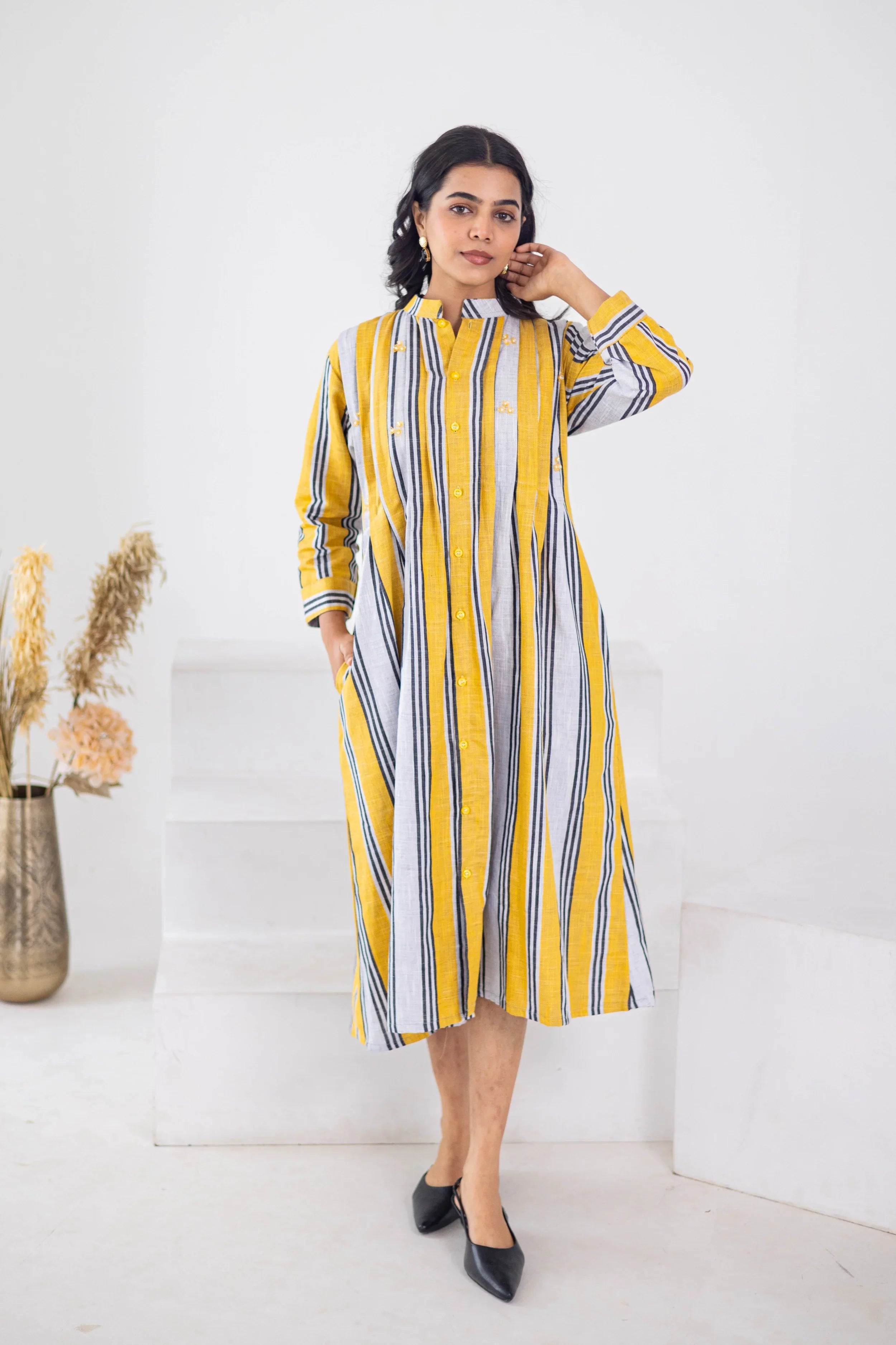 Yellow Striped Cotton Linen Dress - Hello June