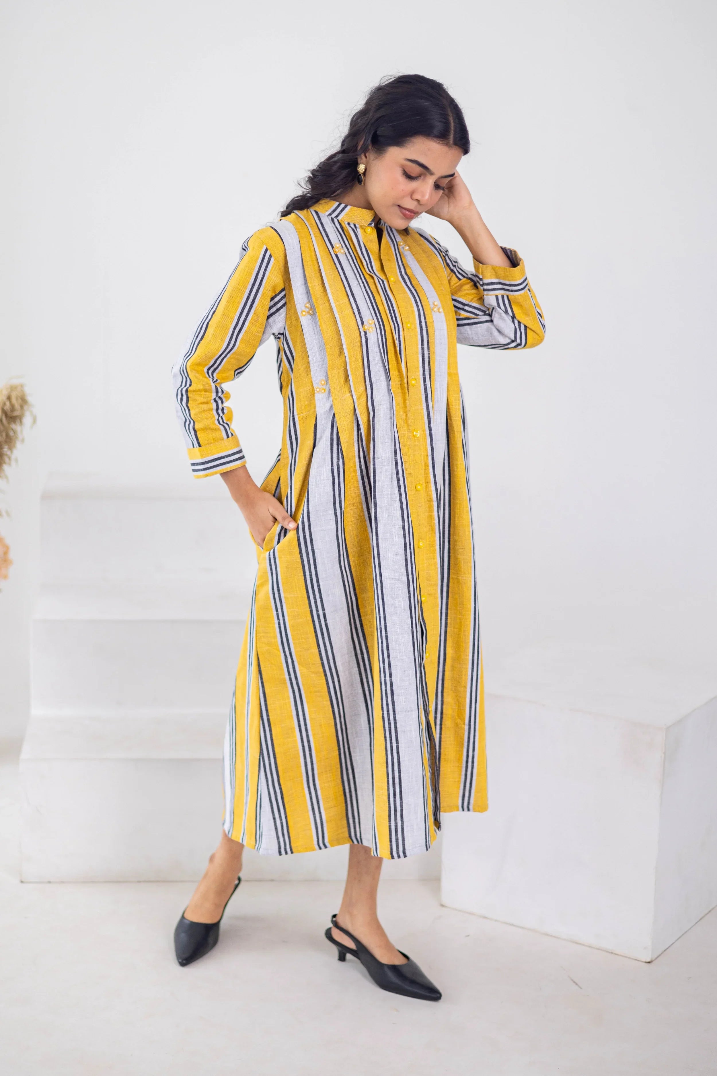 Yellow Striped Cotton Linen Dress - Hello June