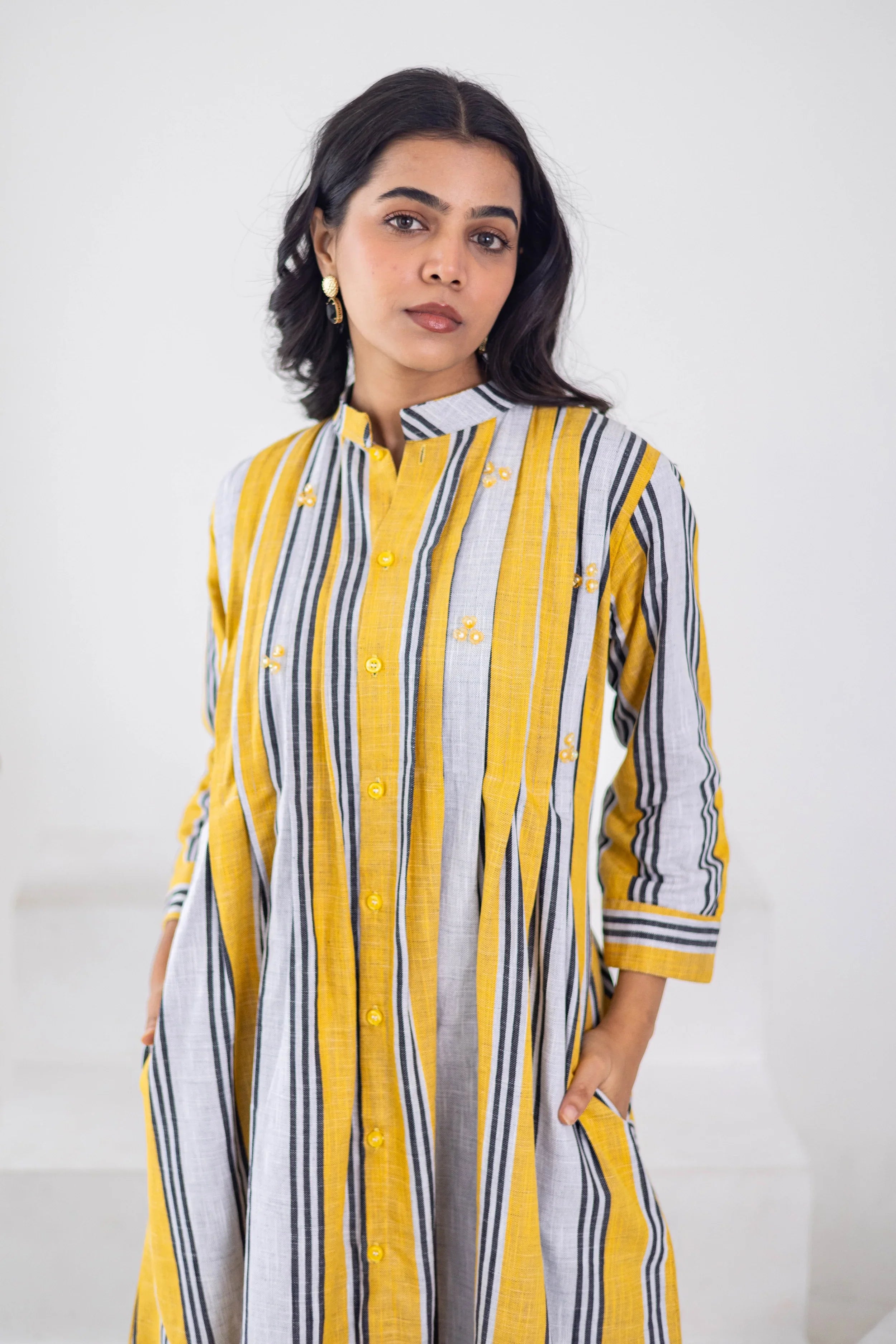 Yellow Striped Cotton Linen Dress - Hello June