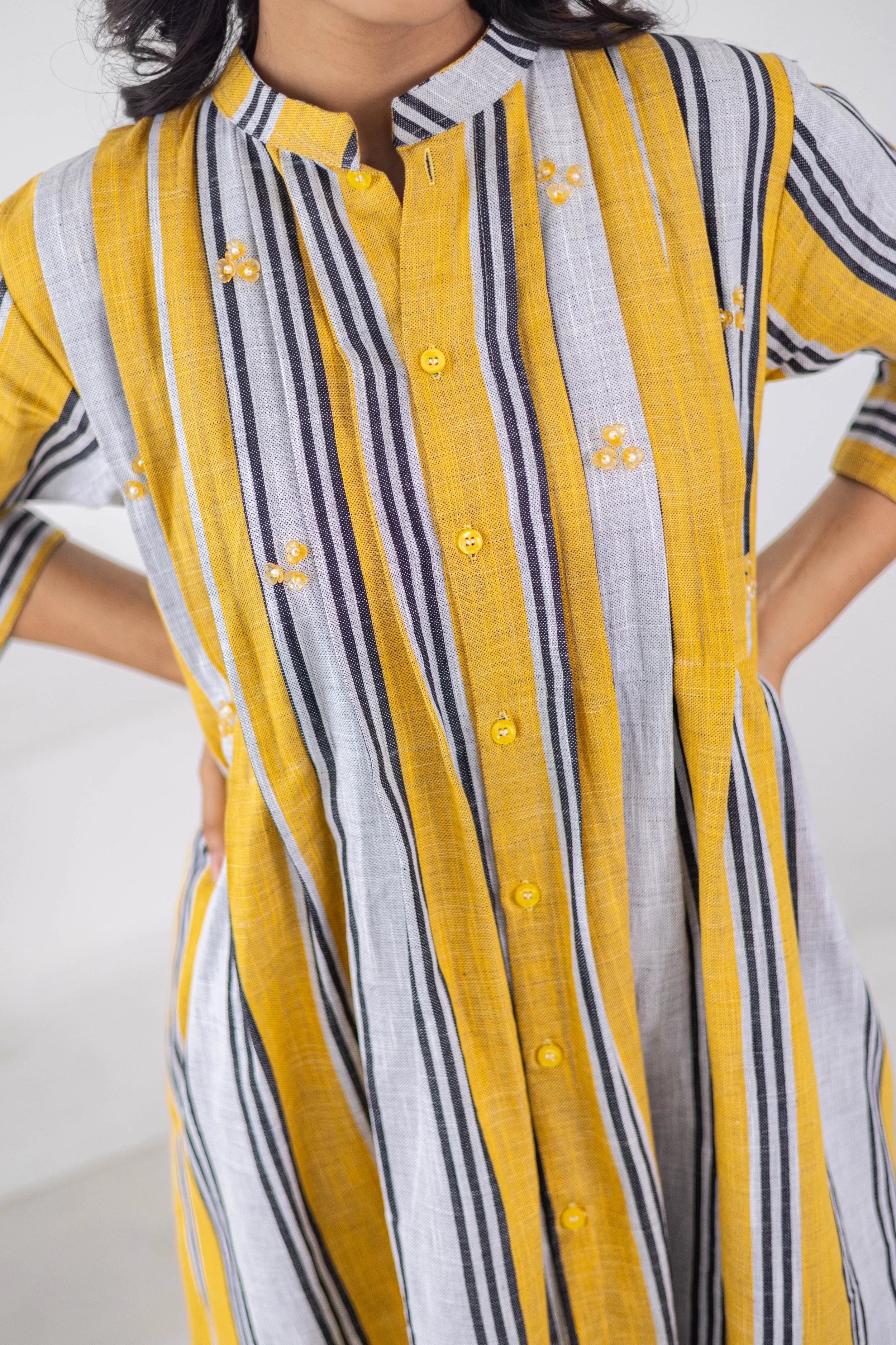 Yellow Striped Cotton Linen Dress - Hello June