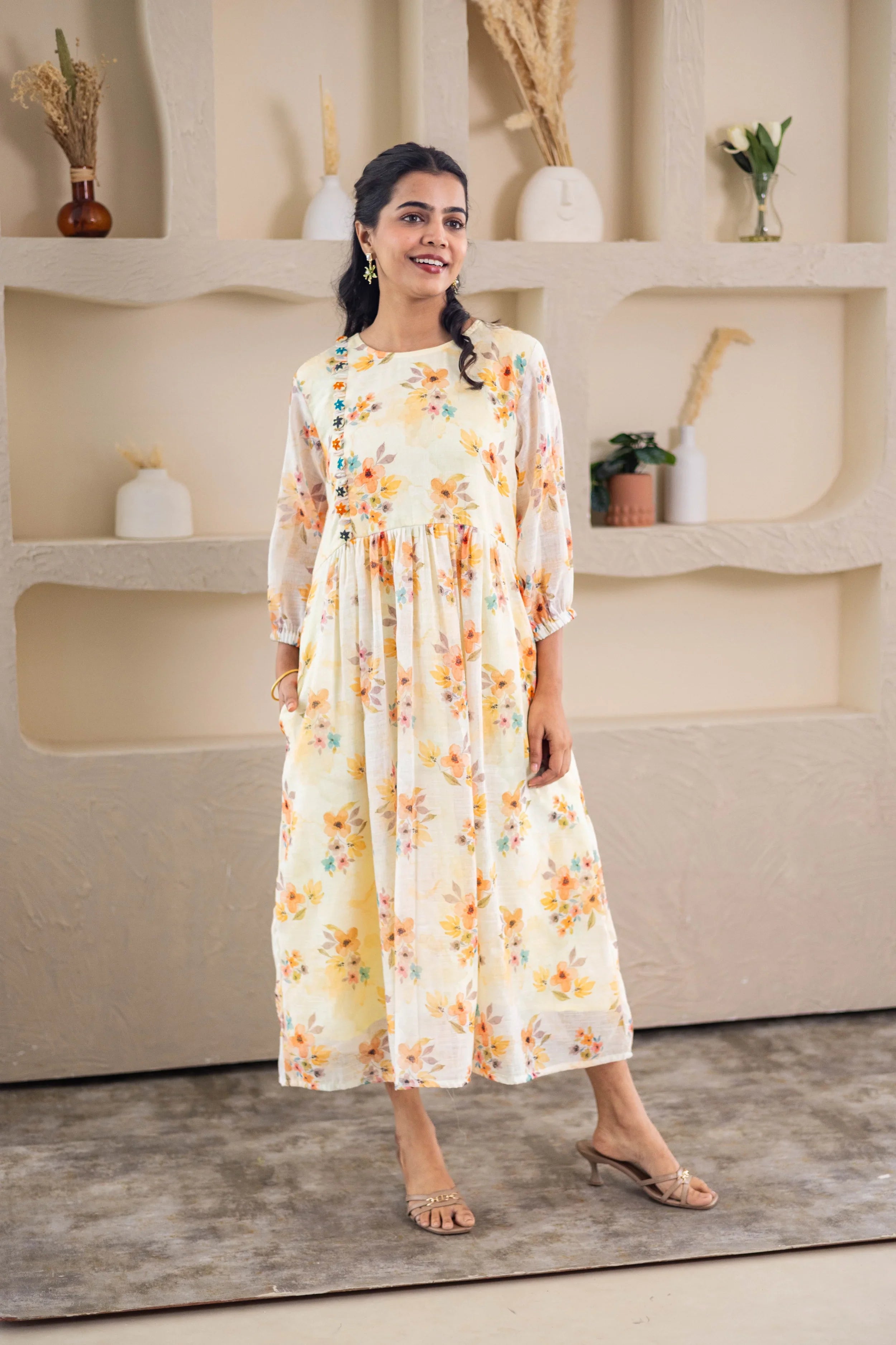 Yellow Floral Printed Linen Dress - Hello June