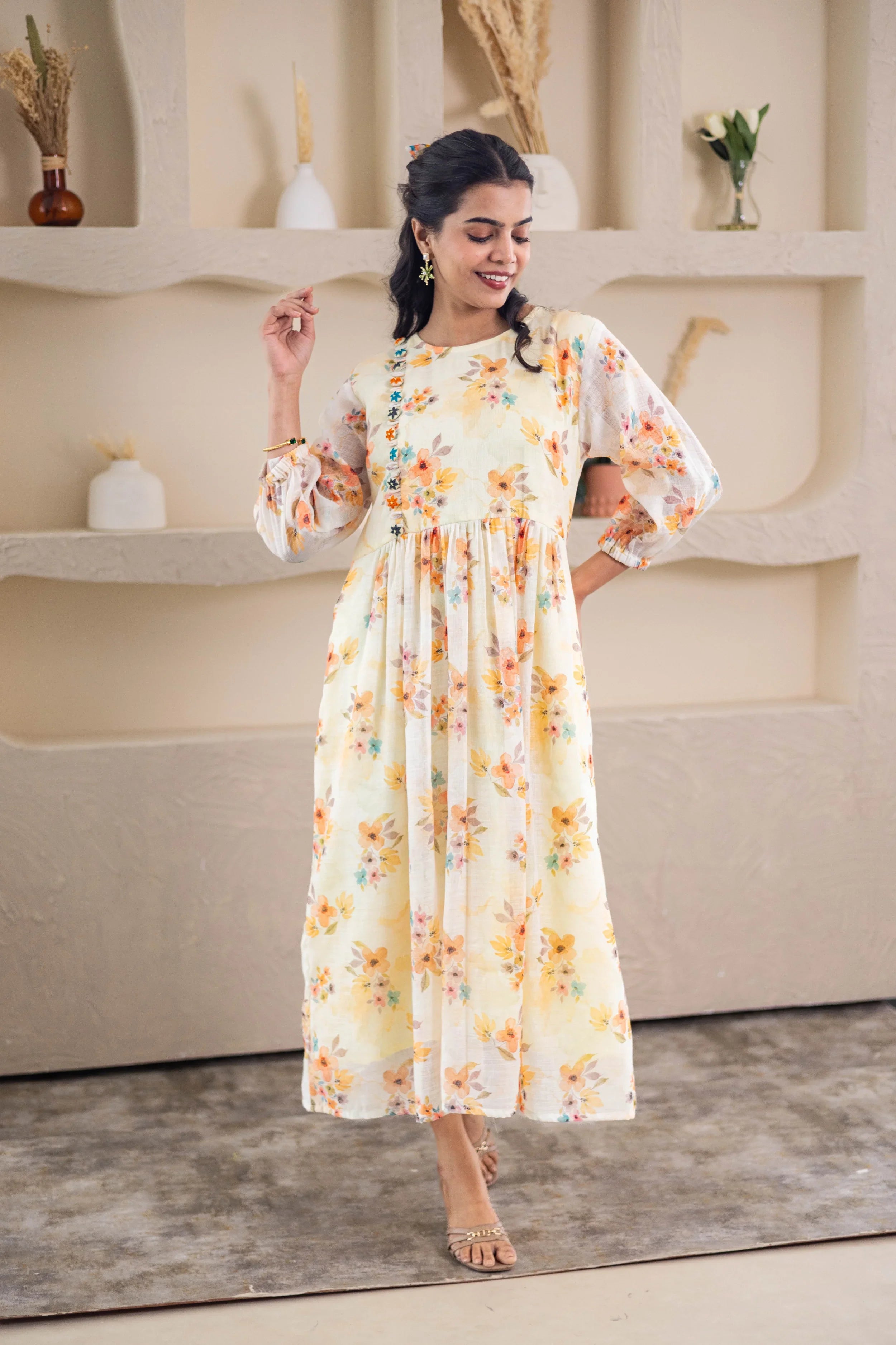 Yellow Floral Printed Linen Dress - Hello June