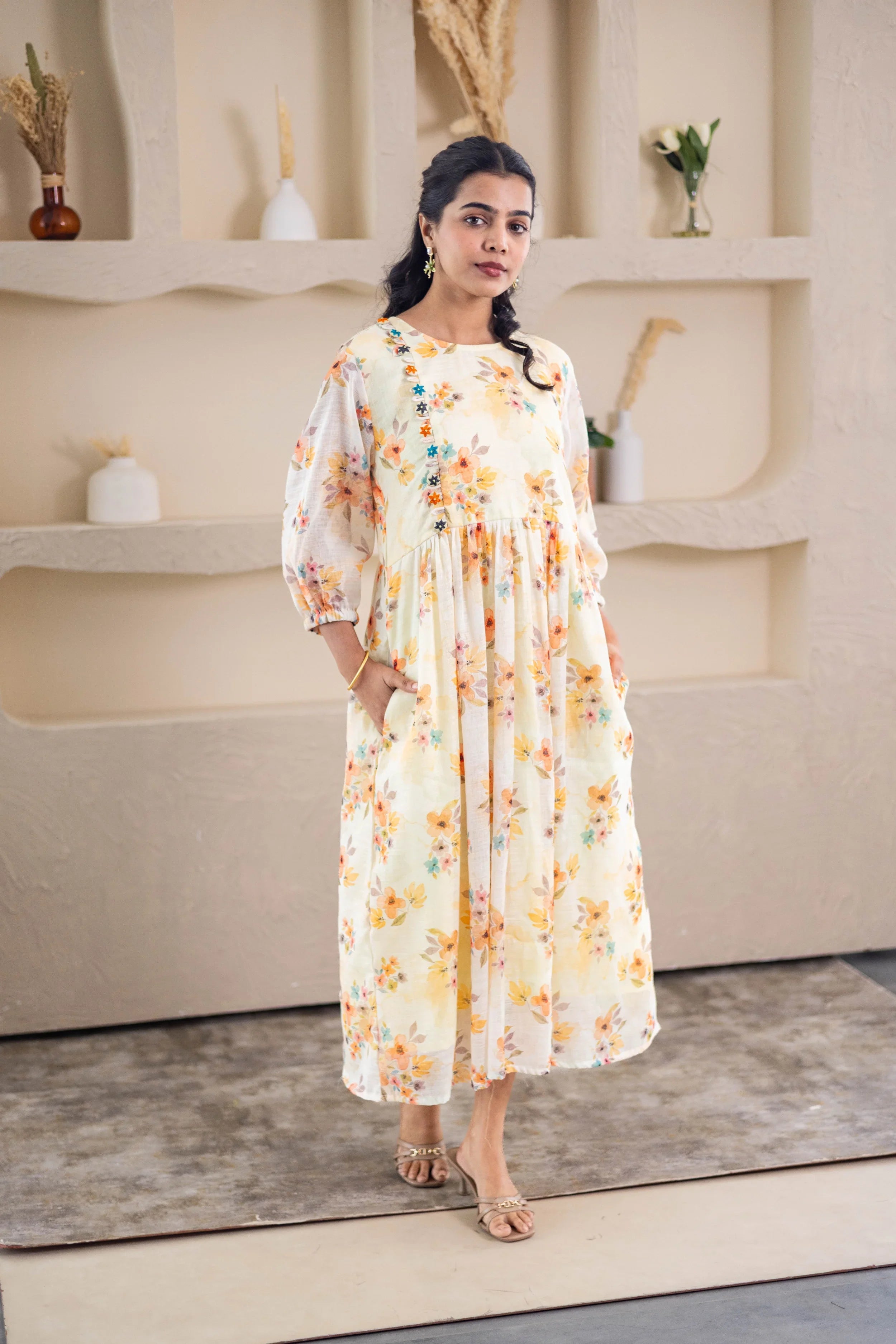Yellow Floral Printed Linen Dress - Hello June