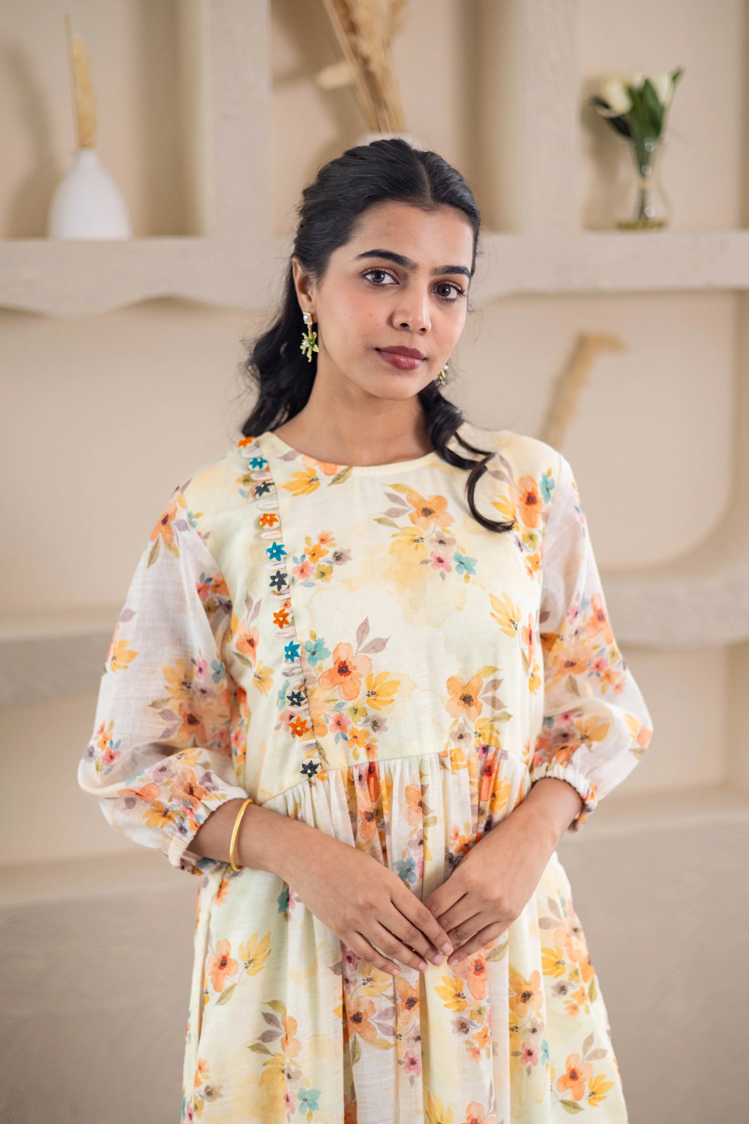Yellow Floral Printed Linen Dress - Hello June