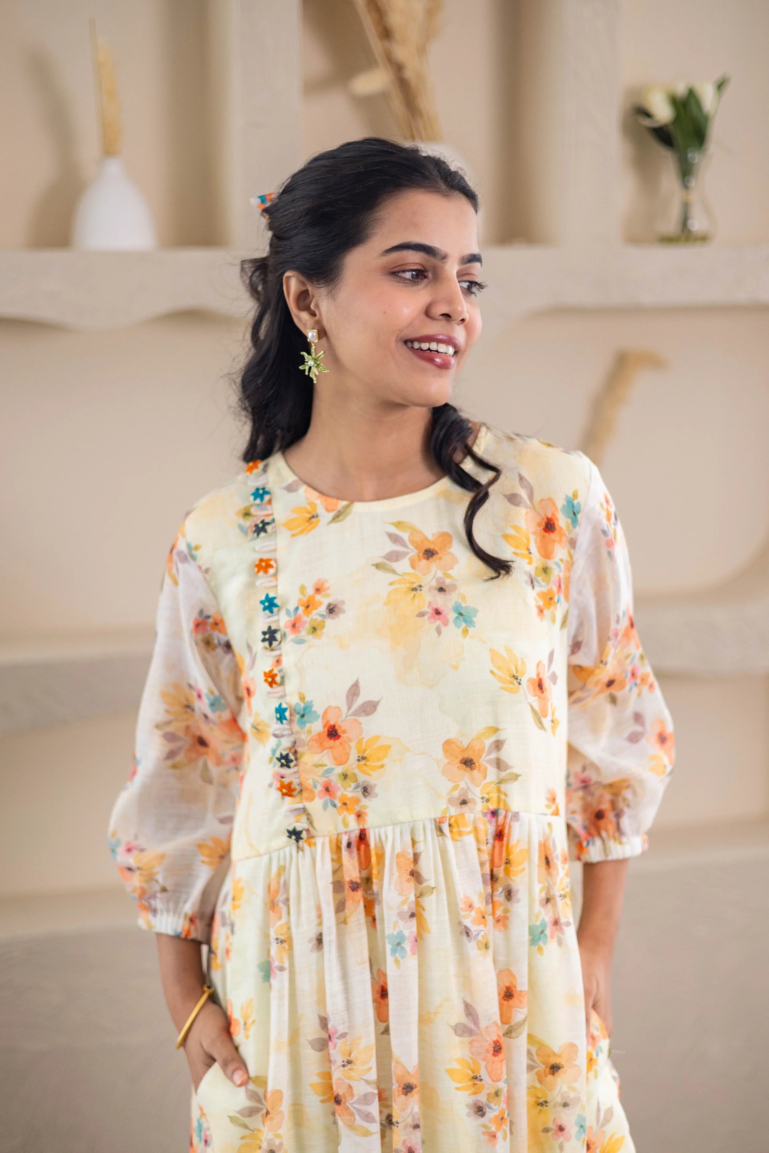 Yellow Floral Printed Linen Dress - Hello June