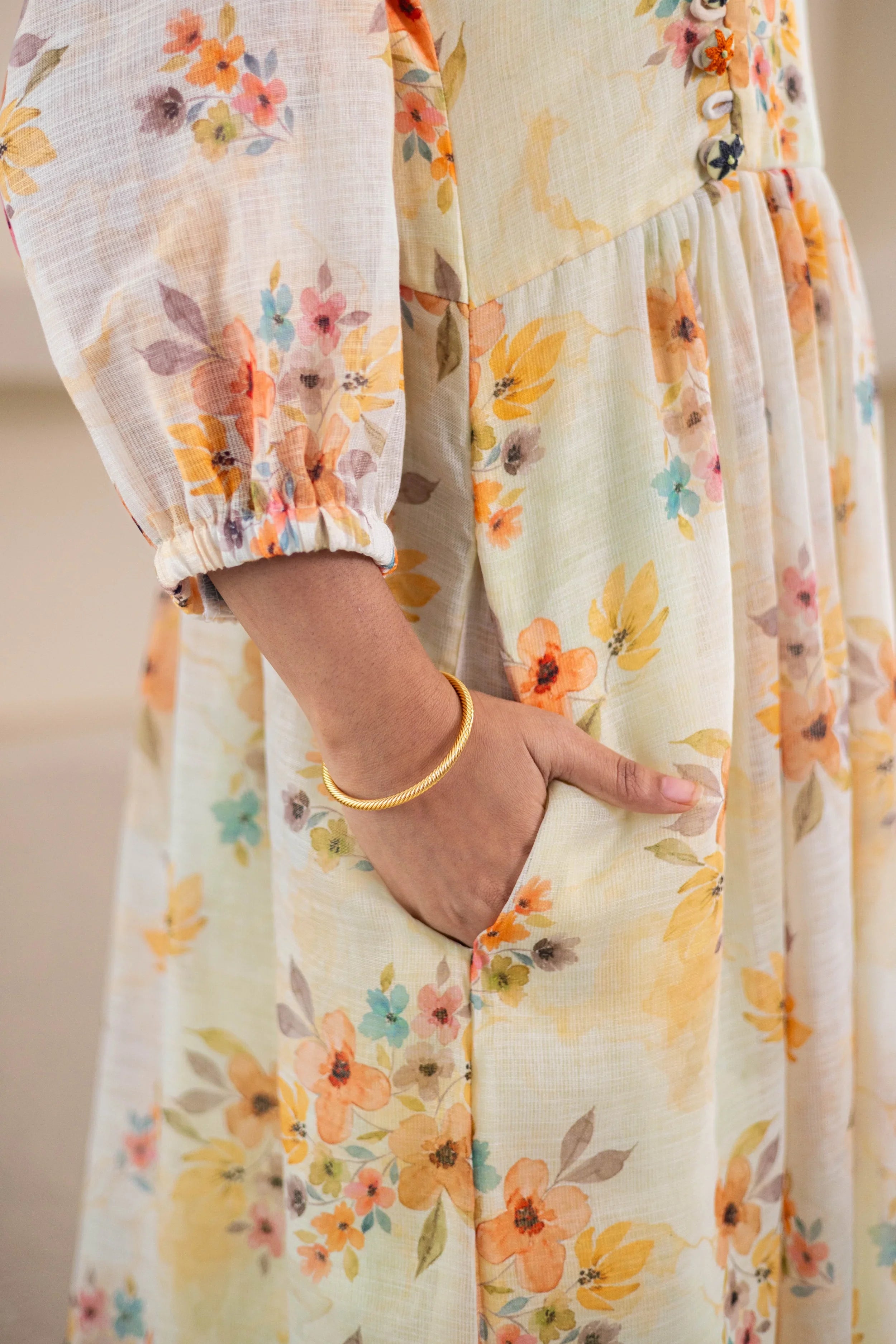 Yellow Floral Printed Linen Dress - Hello June