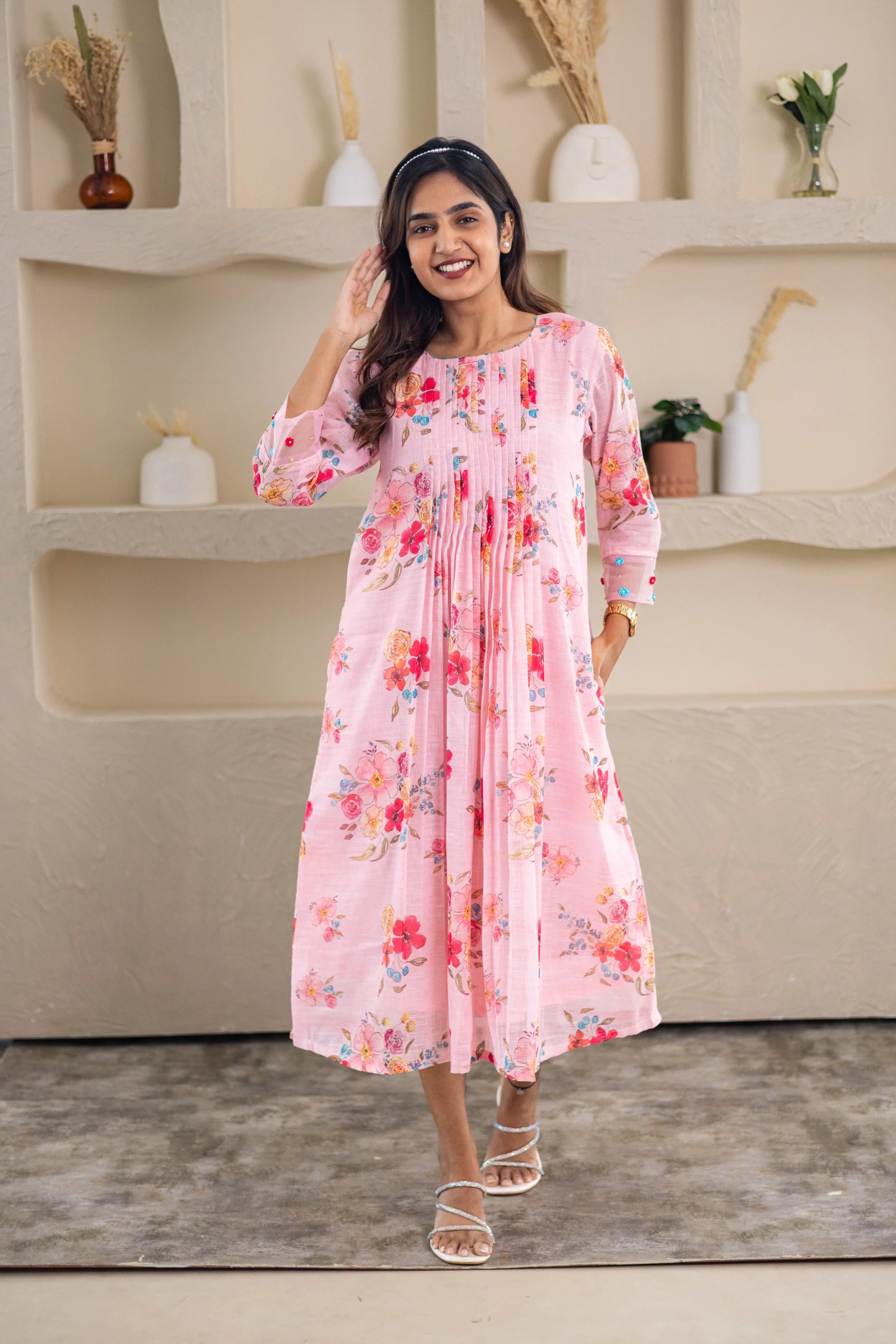 Pink Floral Printed Linen Dress - Hello June