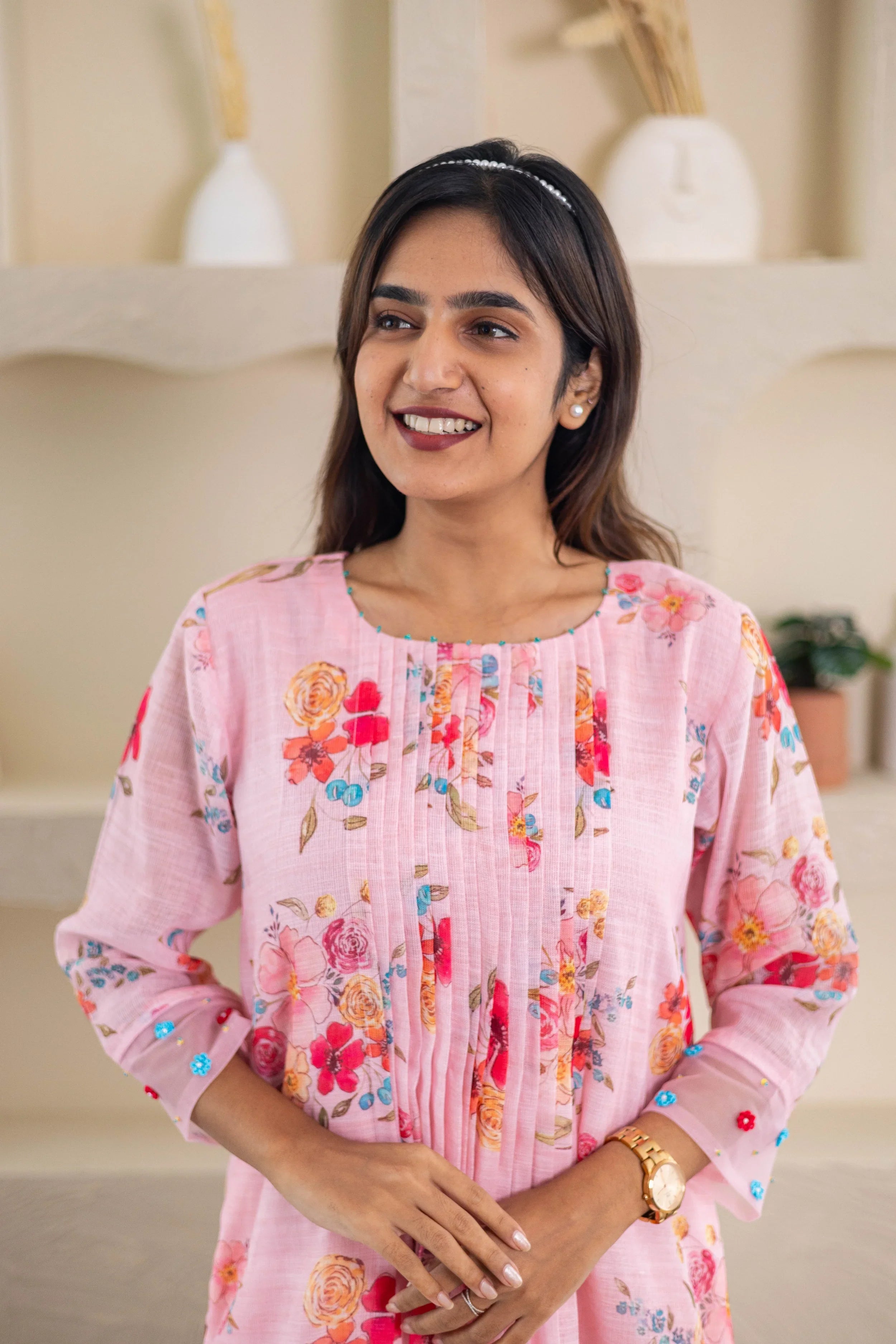 Pink Floral Printed Linen Dress - Hello June