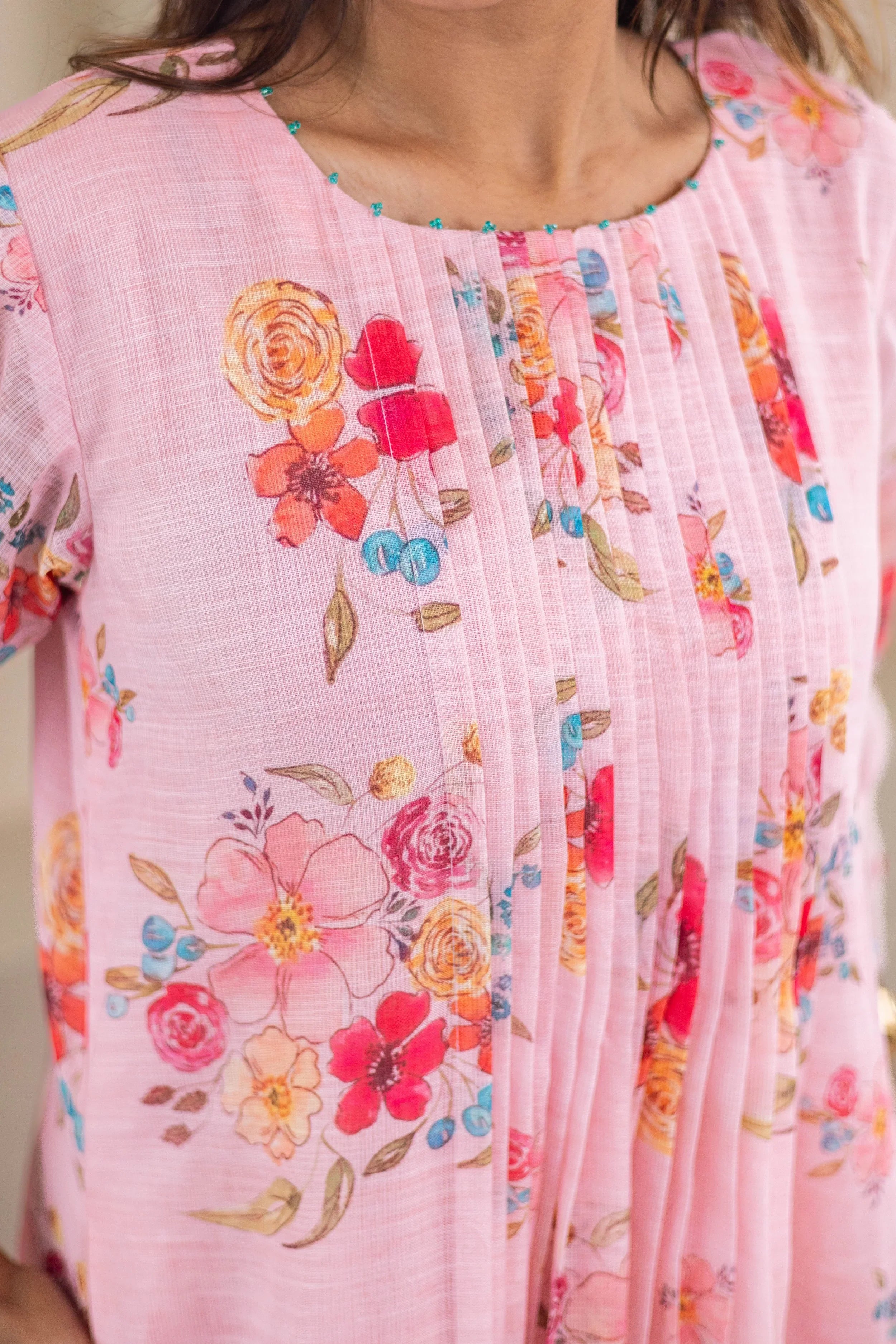 Pink Floral Printed Linen Dress - Hello June
