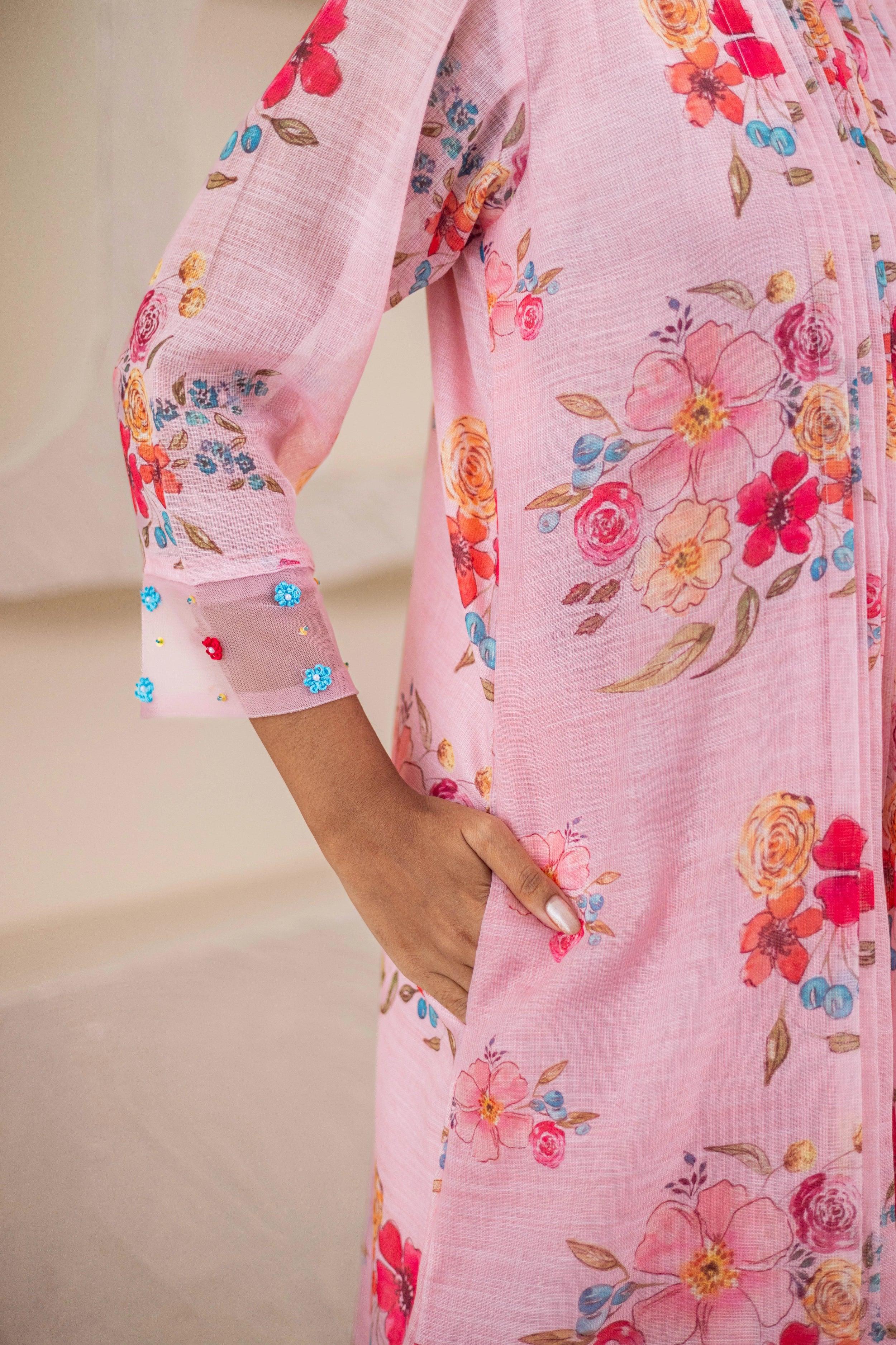 Pink Floral Printed Linen Dress - Hello June
