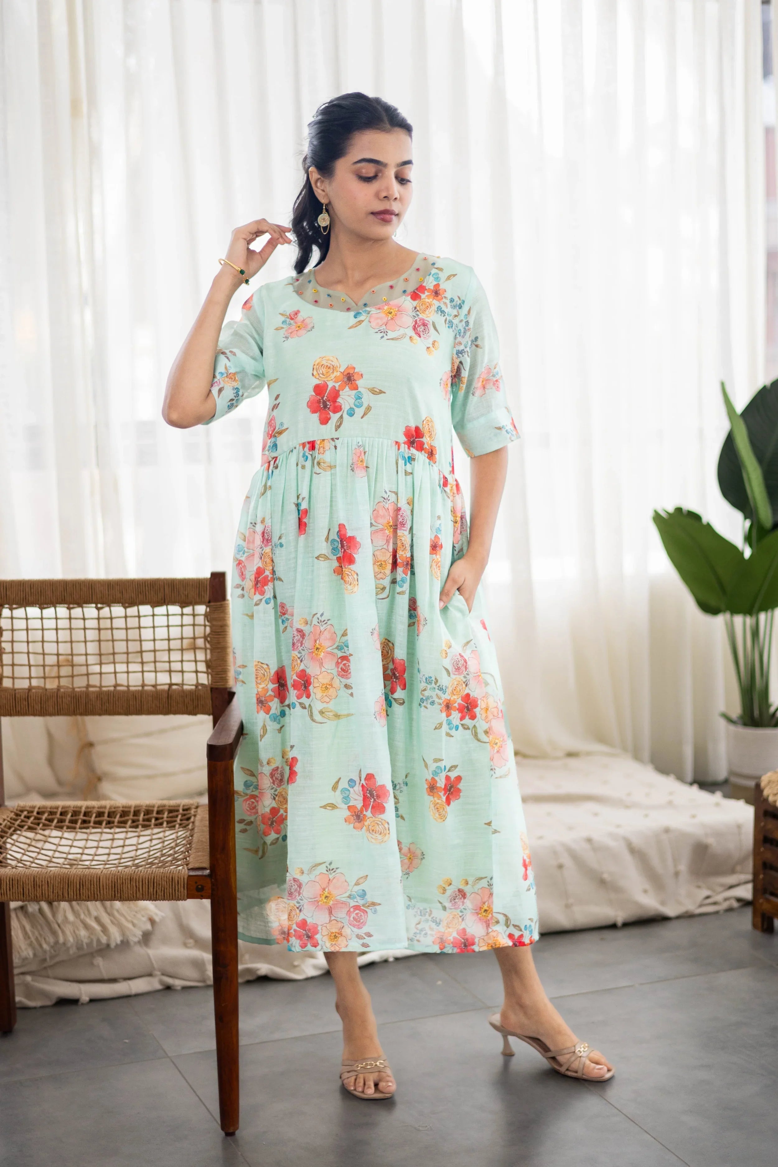 Green Floral Printed Linen Dress - Hello June