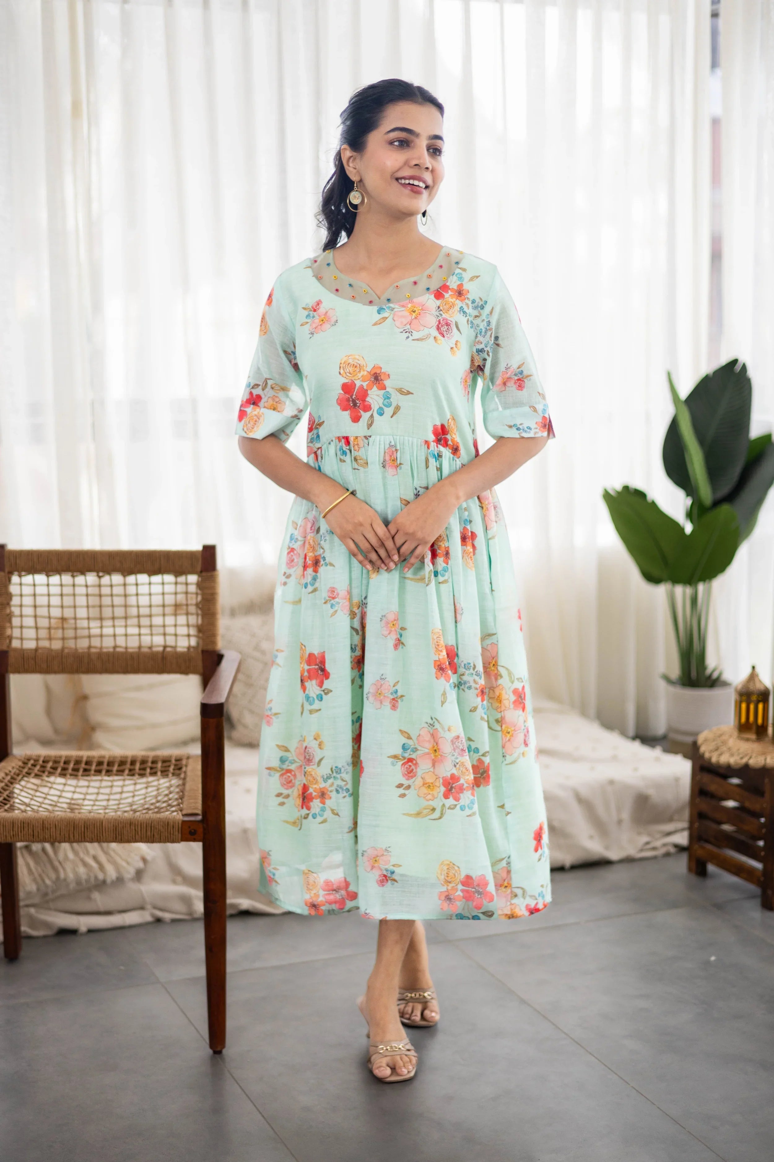 Green Floral Printed Linen Dress - Hello June
