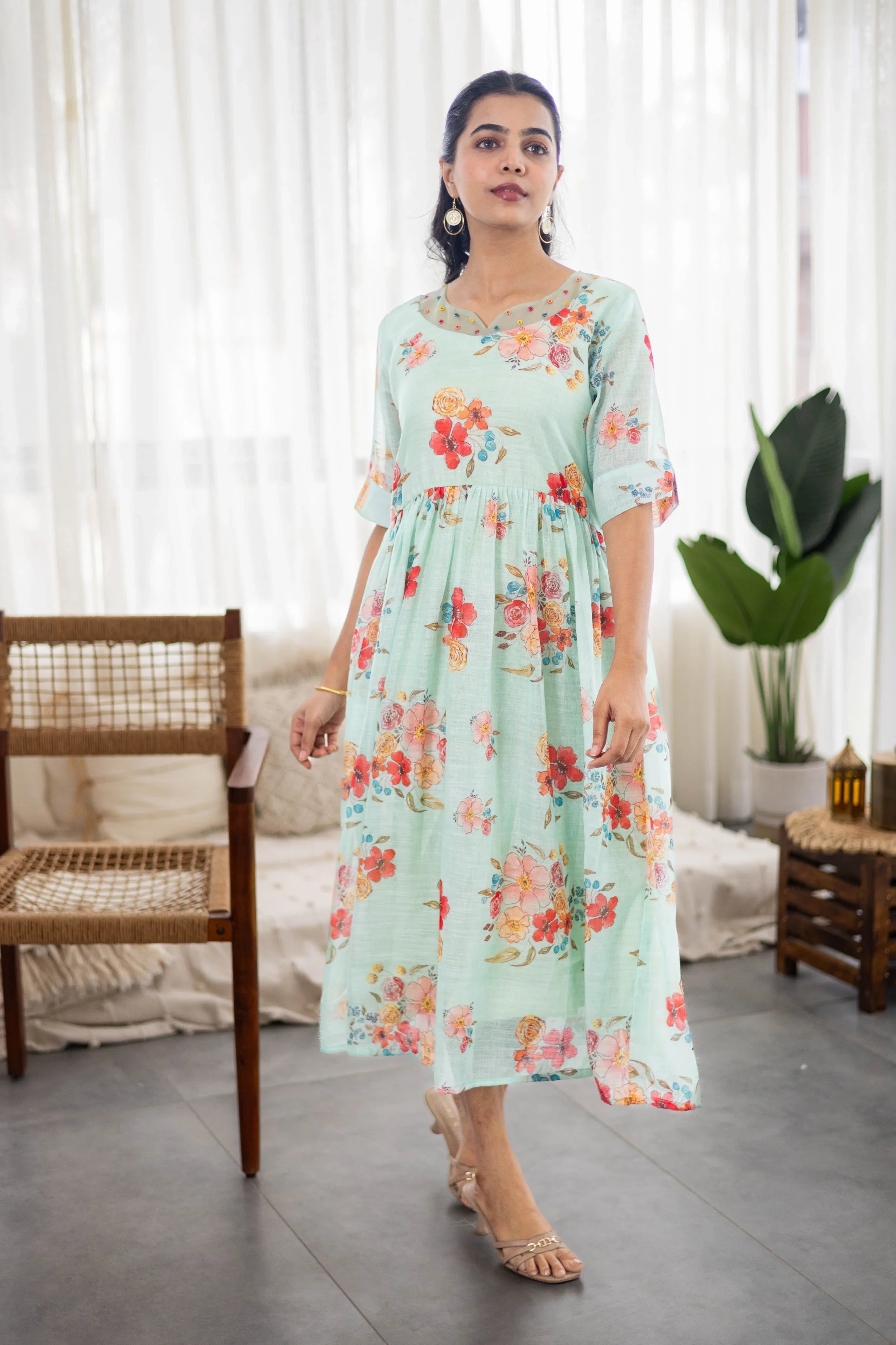 Green Floral Printed Linen Dress - Hello June