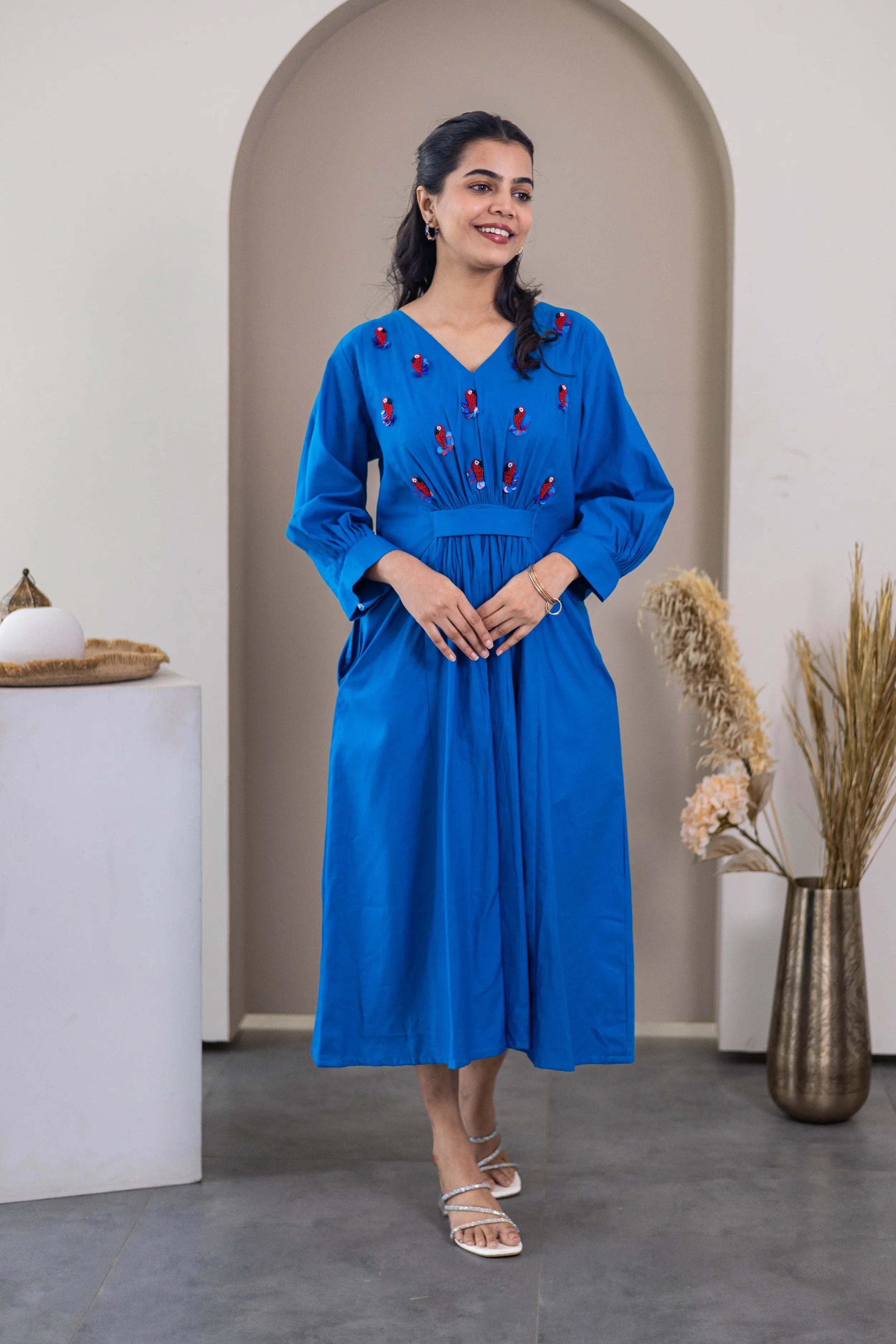 Royal Blue Cotton Popplin Dress (Parrot Embroidery) - Hello June