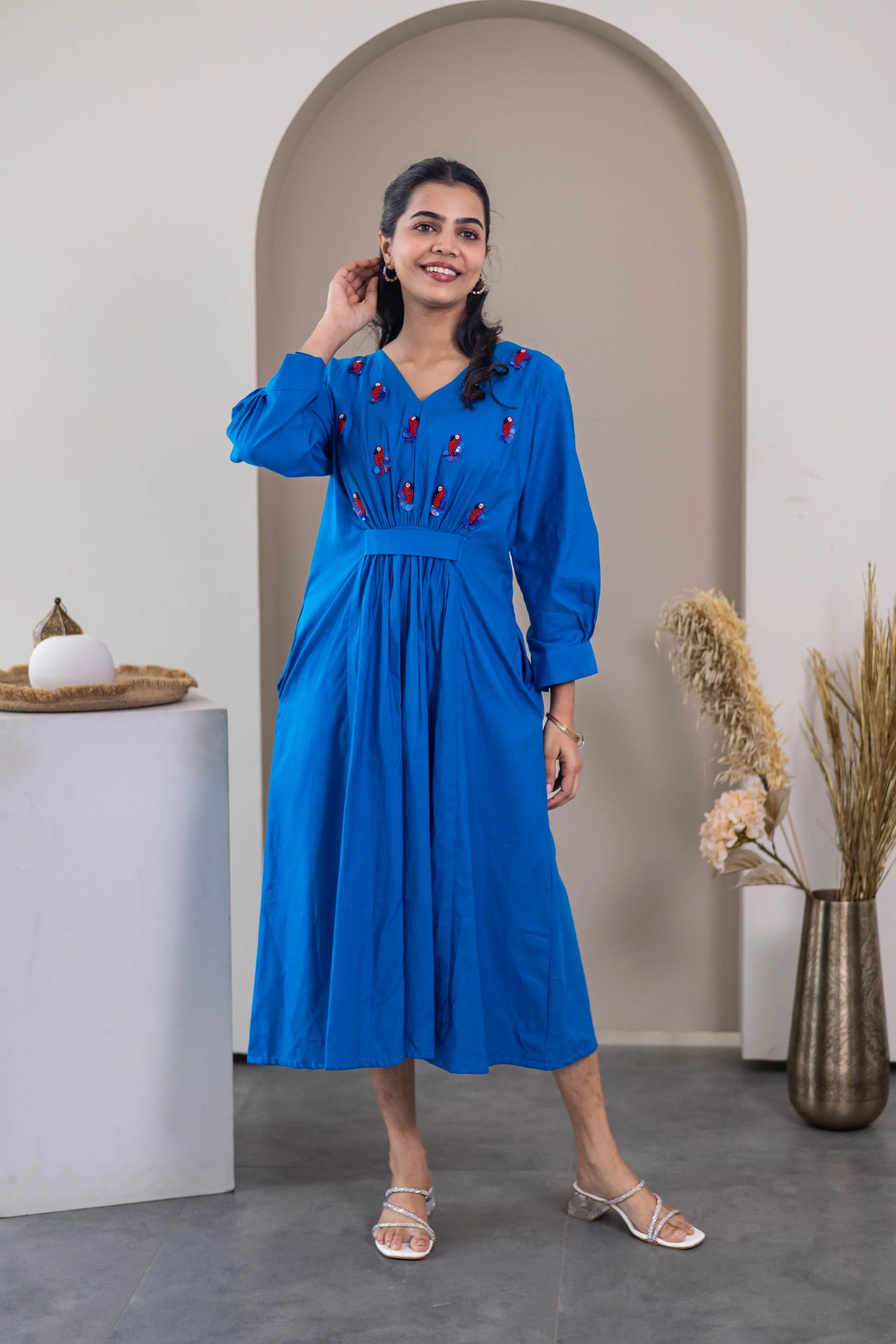 Royal Blue Cotton Popplin Dress (Parrot Embroidery) - Hello June