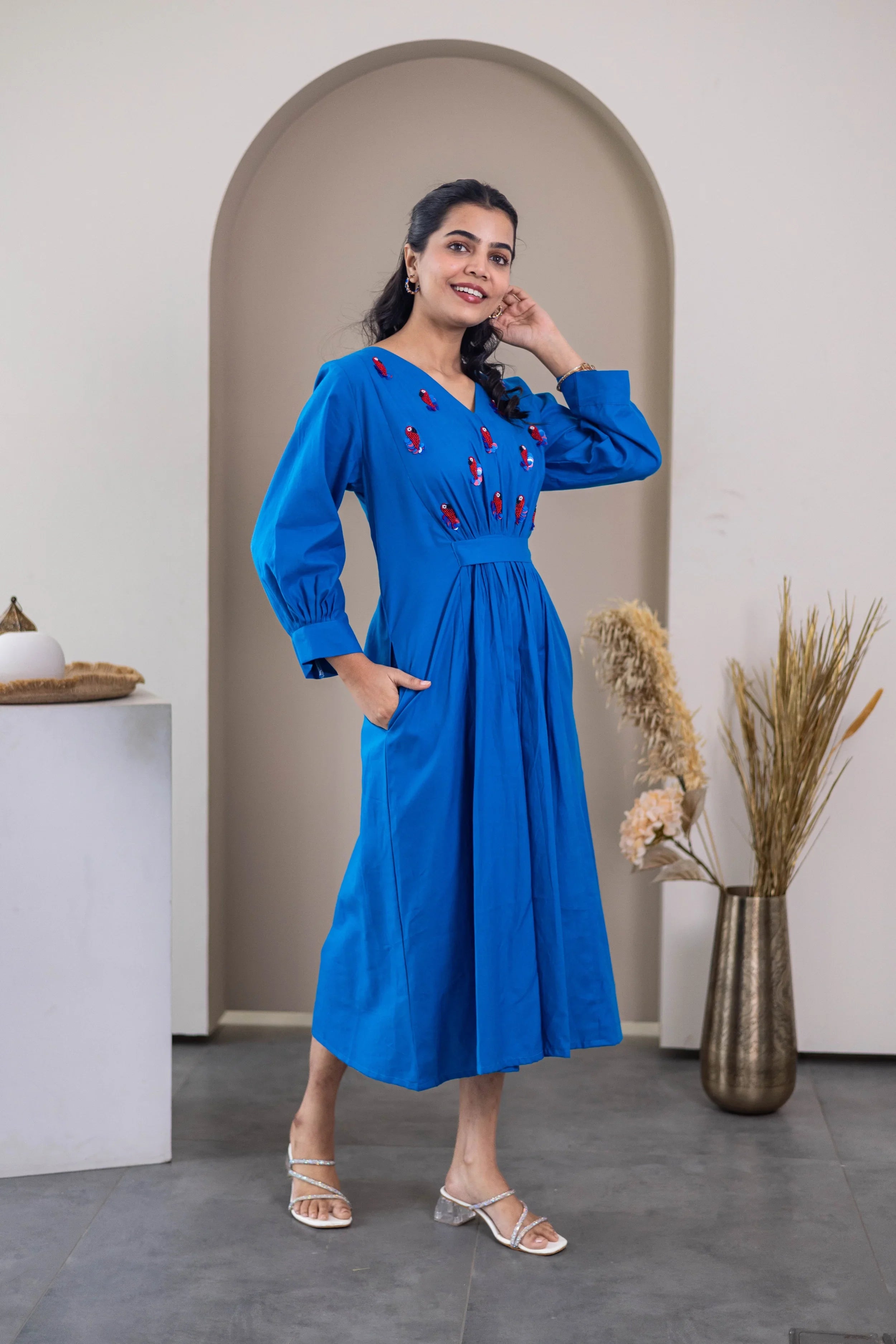 Royal Blue Cotton Popplin Dress (Parrot Embroidery) - Hello June