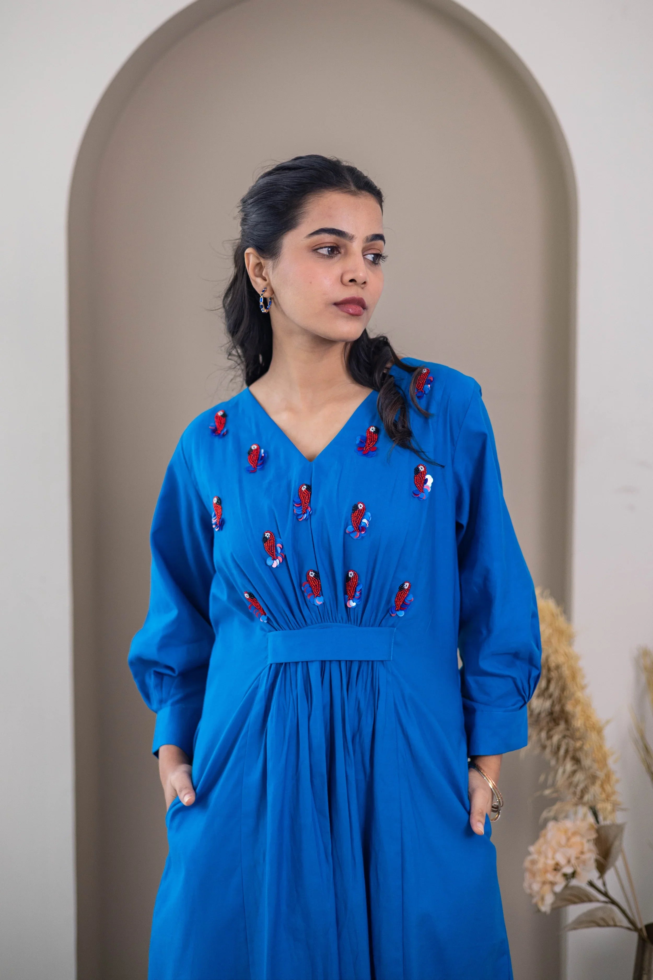 Royal Blue Cotton Popplin Dress (Parrot Embroidery) - Hello June