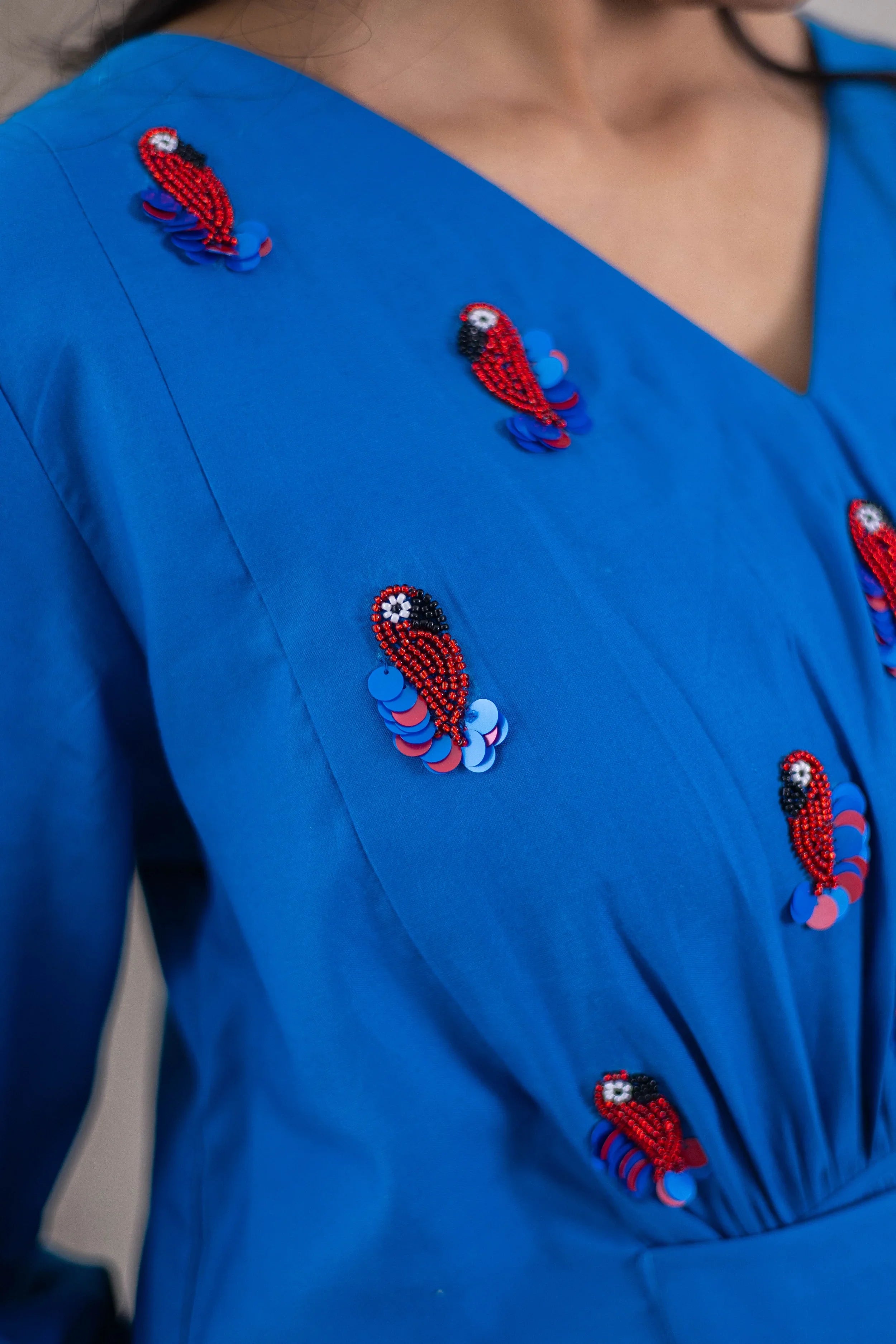 Royal Blue Cotton Popplin Dress (Parrot Embroidery) - Hello June