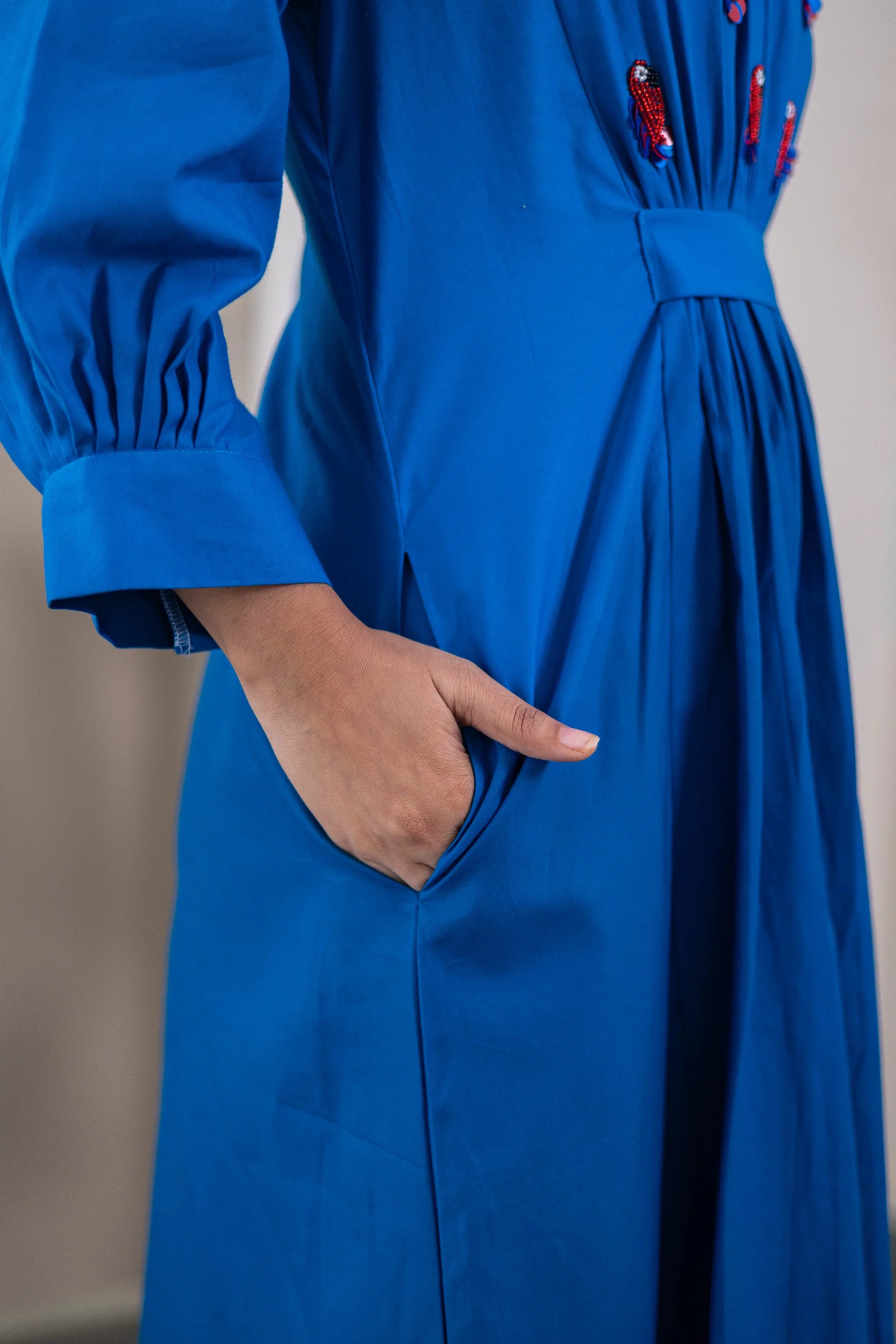 Royal Blue Cotton Popplin Dress (Parrot Embroidery) - Hello June