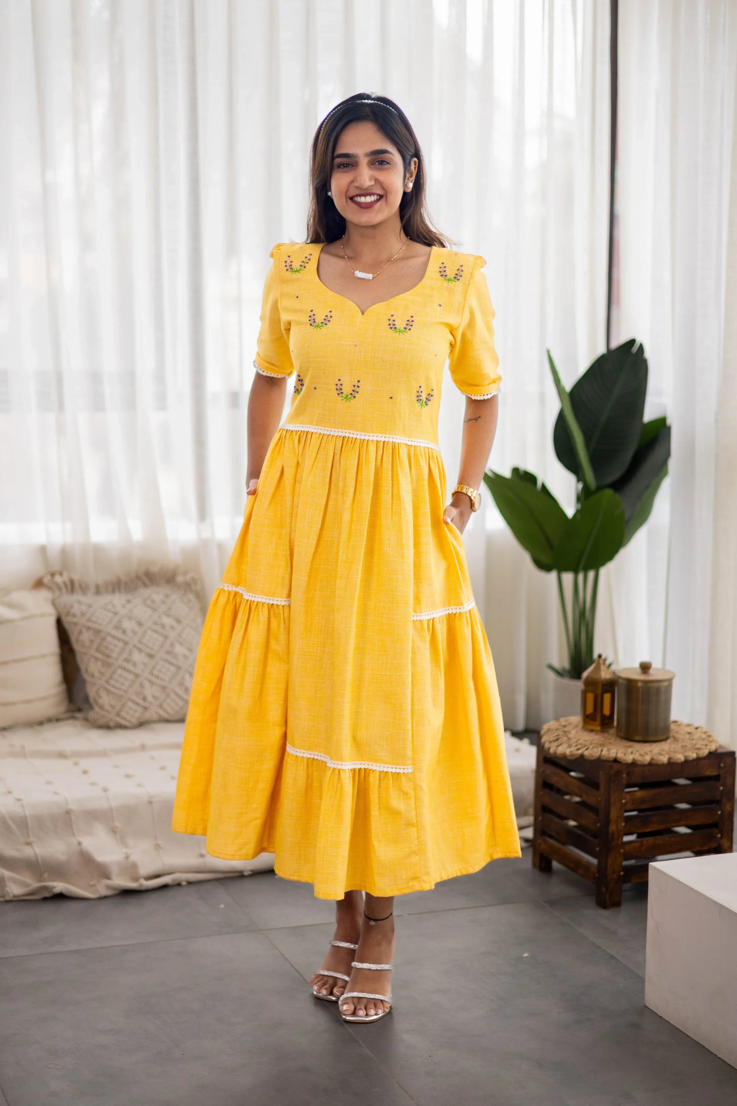Yellow Cotton Dress (Lavendar Embroidery) - Hello June